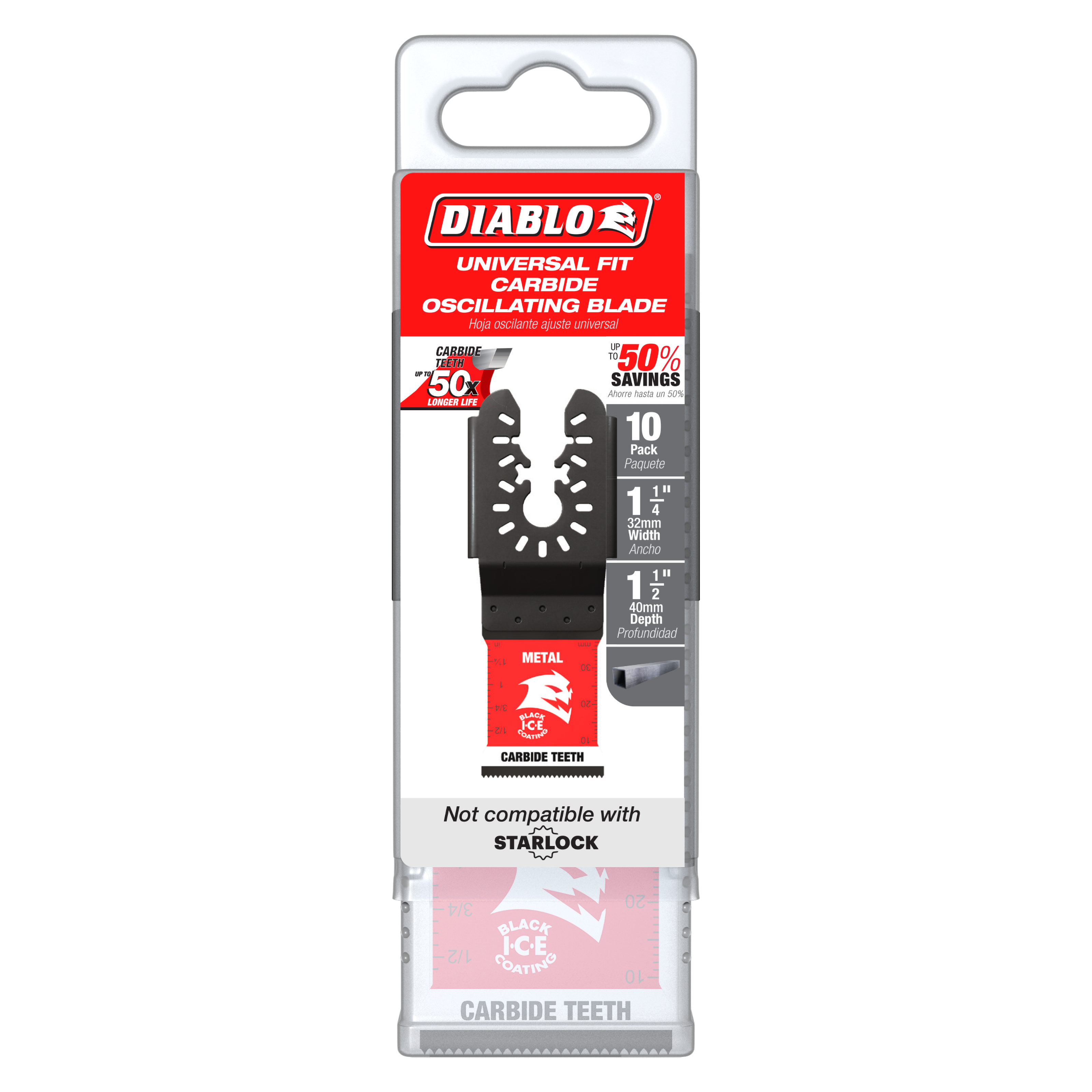 Diablo 1-1/4 inch universal fit carbide oscillating blade with serrated teeth in clear retail packaging.