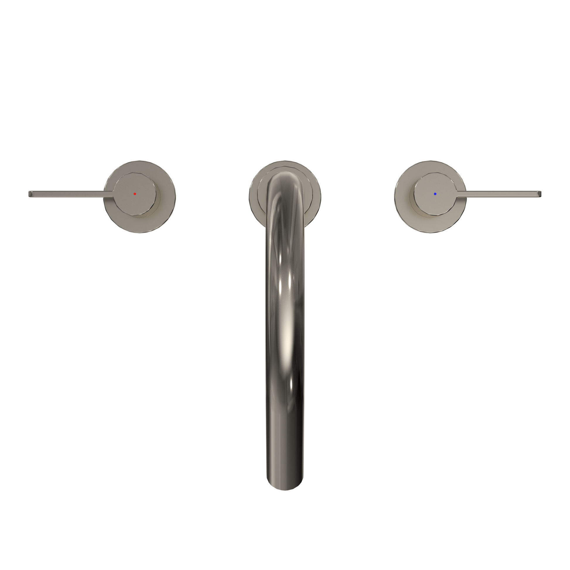 Polished nickel roman tub filler with two circular lever handles on either side of a central curved spout.