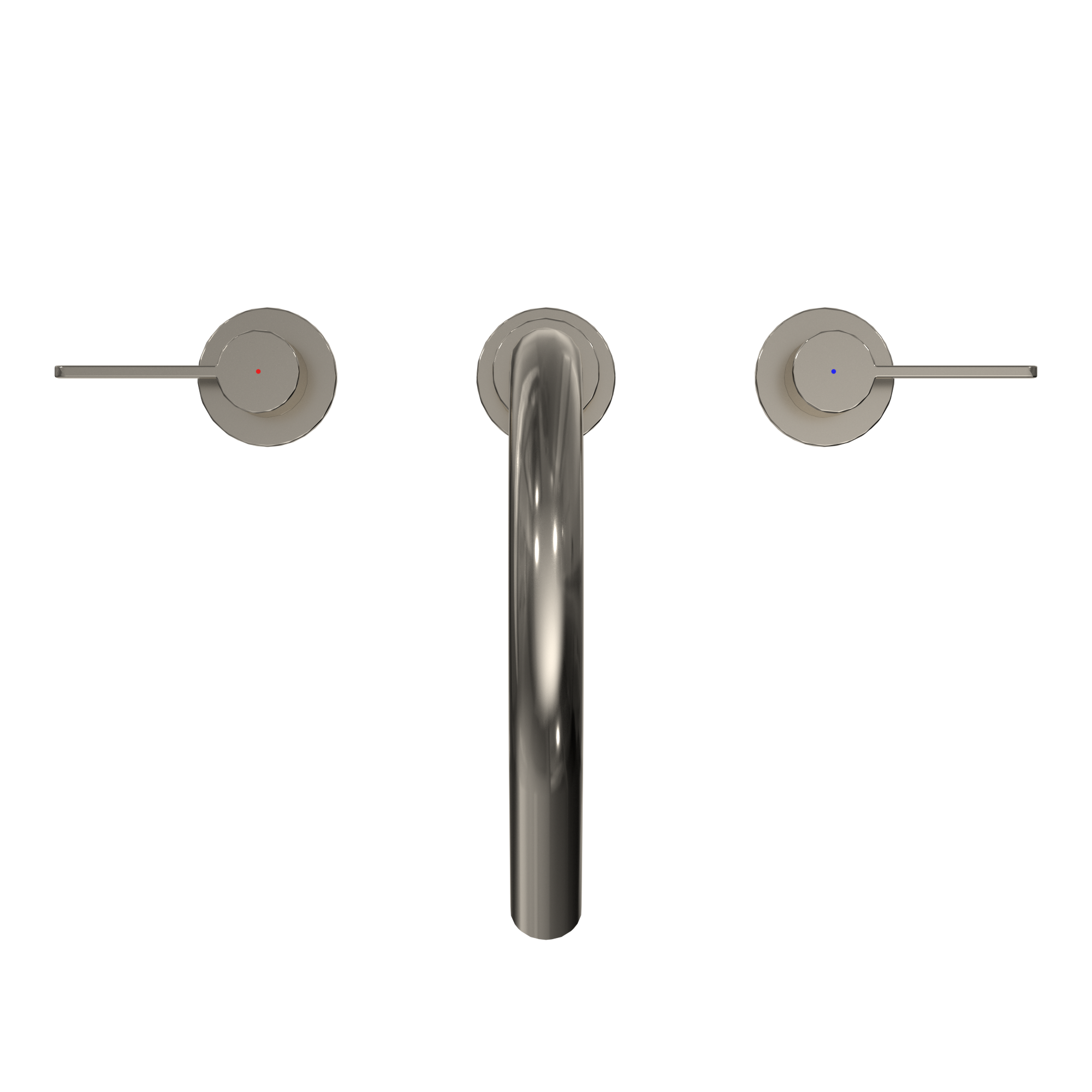 Polished nickel roman tub filler with two circular lever handles on either side of a central curved spout.
