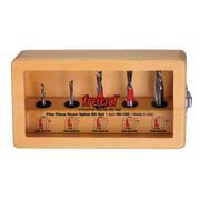 Five Freud down spiral router bits in tan storage case with printed specifications and diagrams on front.
