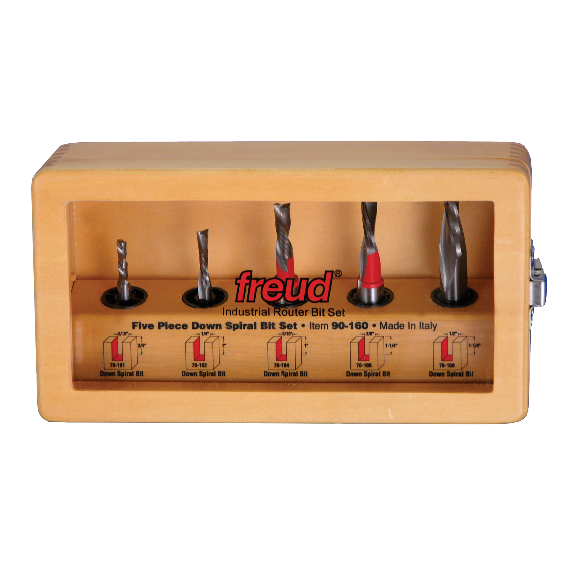 Five Freud down spiral router bits in tan storage case with printed specifications and diagrams on front.
