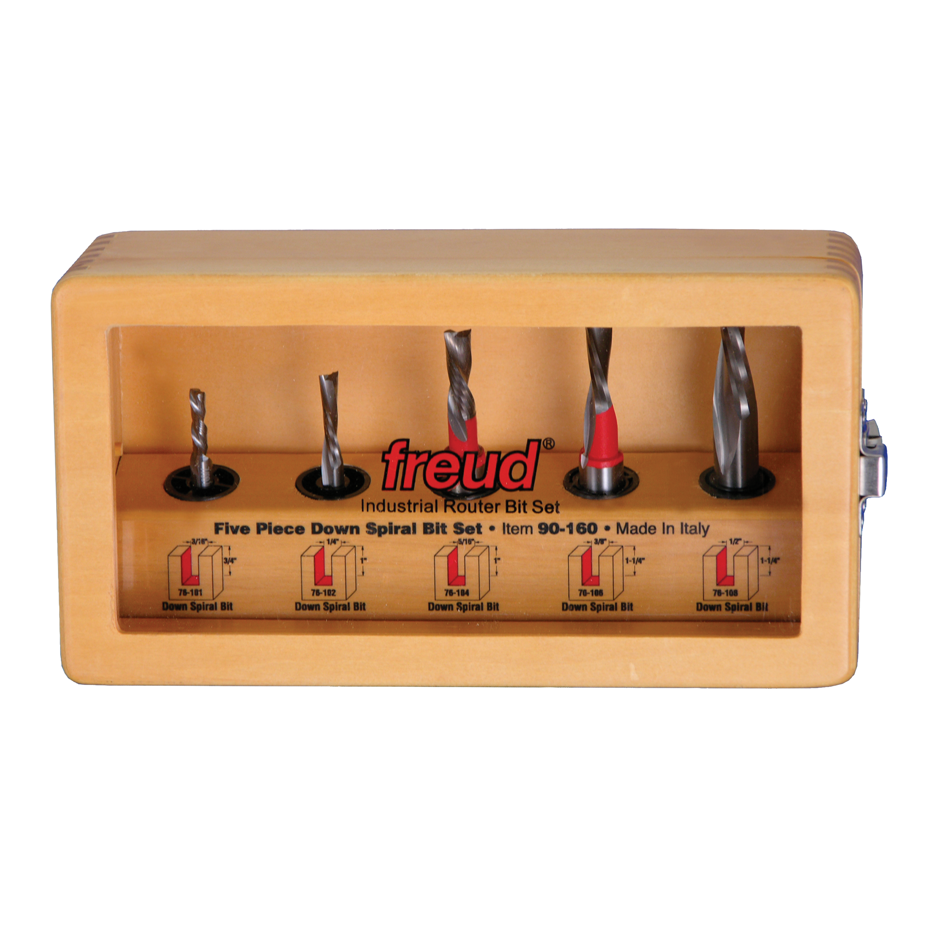 Five Freud down spiral router bits in tan storage case with printed specifications and diagrams on front.