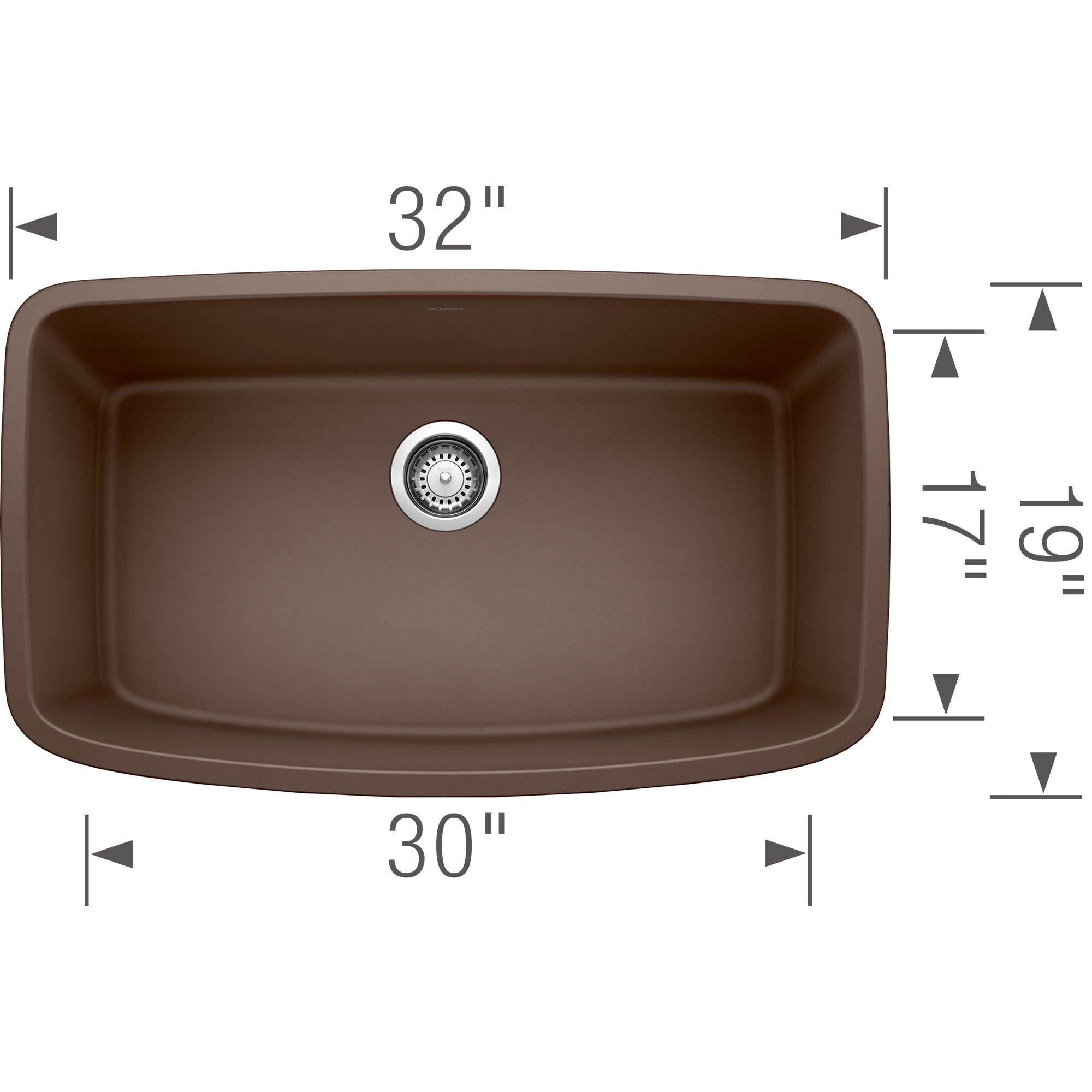 Cafe brown undermount kitchen sink with single basin, 32" width, 17" depth, chrome drain fixture.