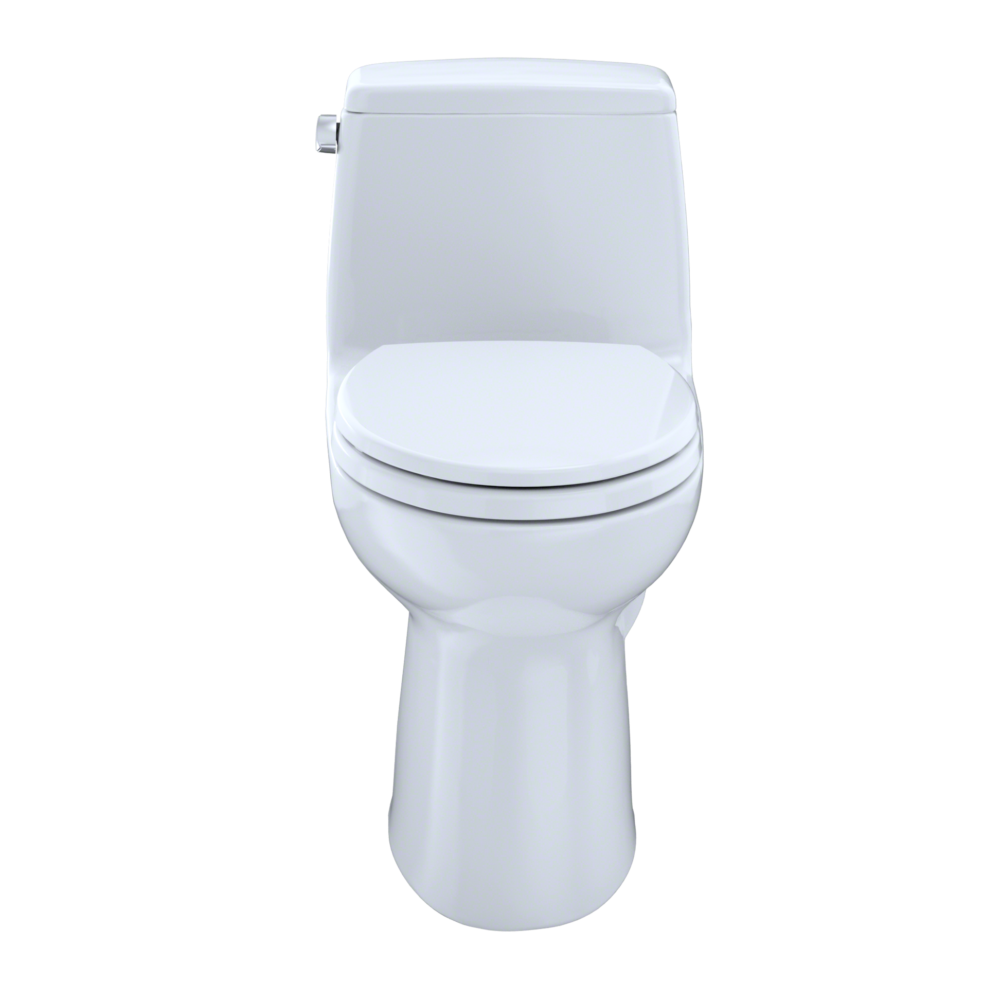 White one-piece elongated toilet with soft-close seat and tank mounted on wall.