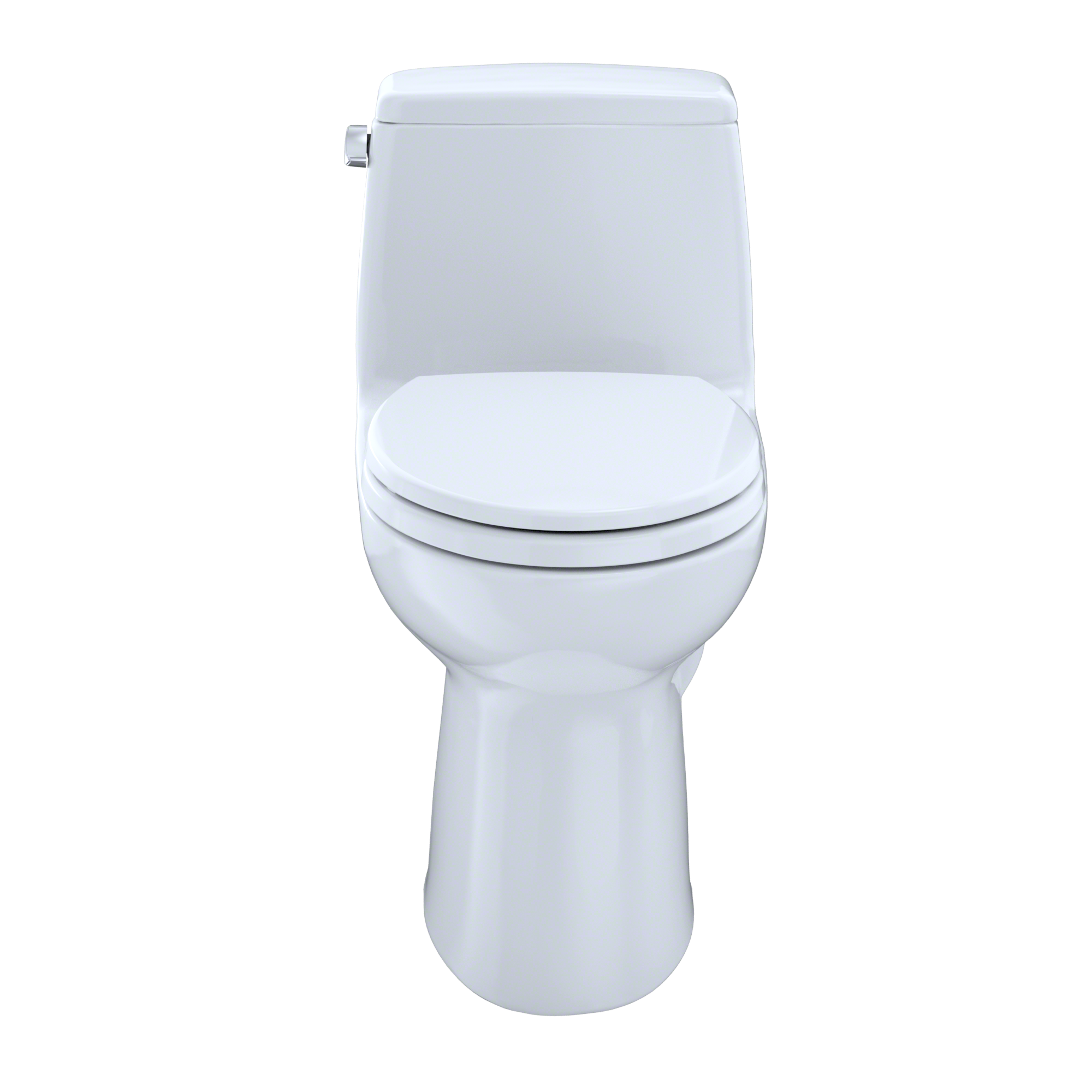 White one-piece elongated toilet with soft-close seat and tank mounted on wall.