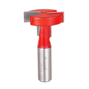 Red and silver T-slotting cutter bit with cylindrical shank and flat cutting blades on top.