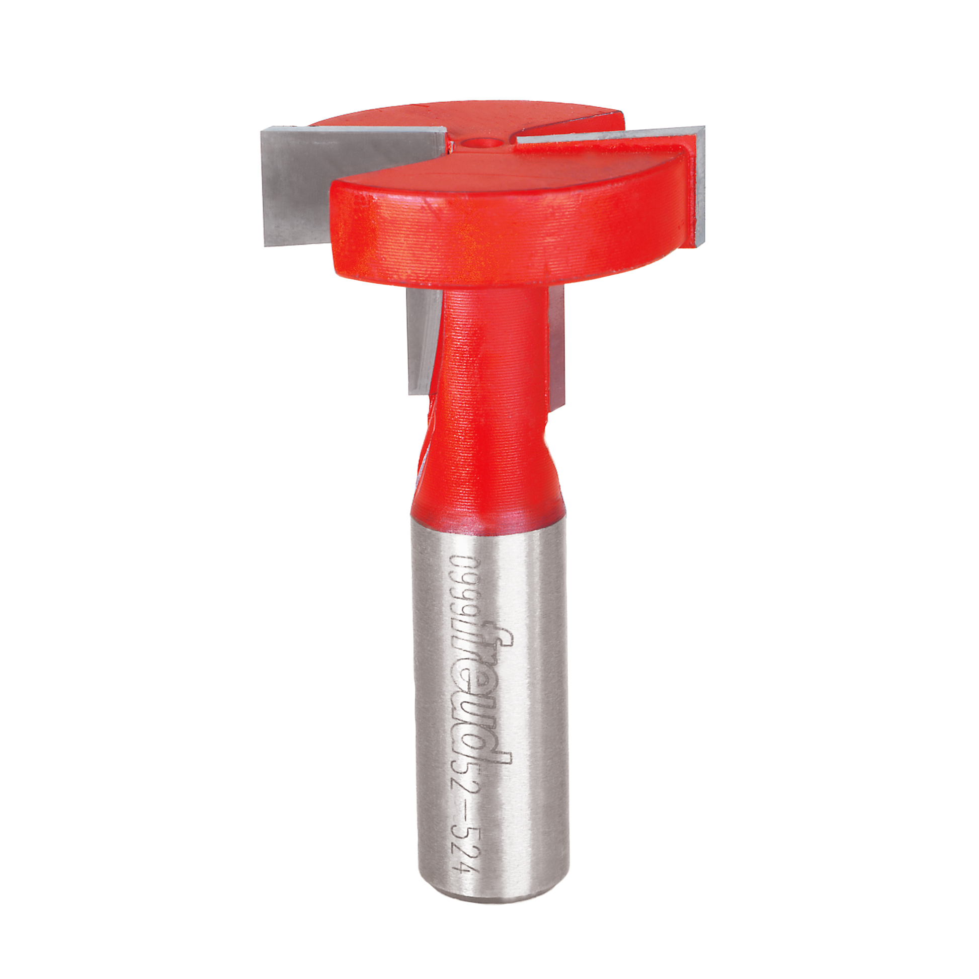 Red and silver T-slotting cutter bit with cylindrical shank and flat cutting blades on top.