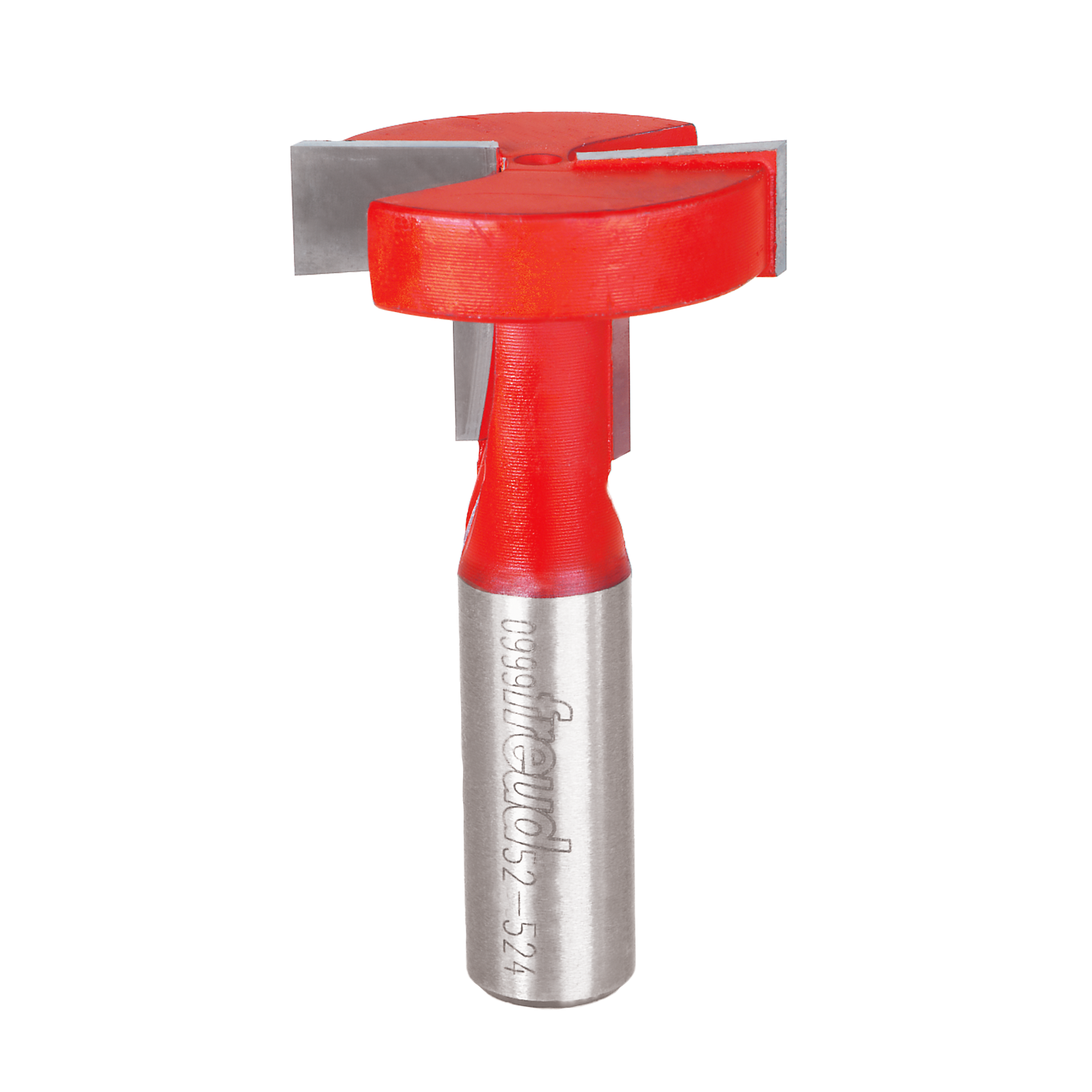 Red and silver T-slotting cutter bit with cylindrical shank and flat cutting blades on top.
