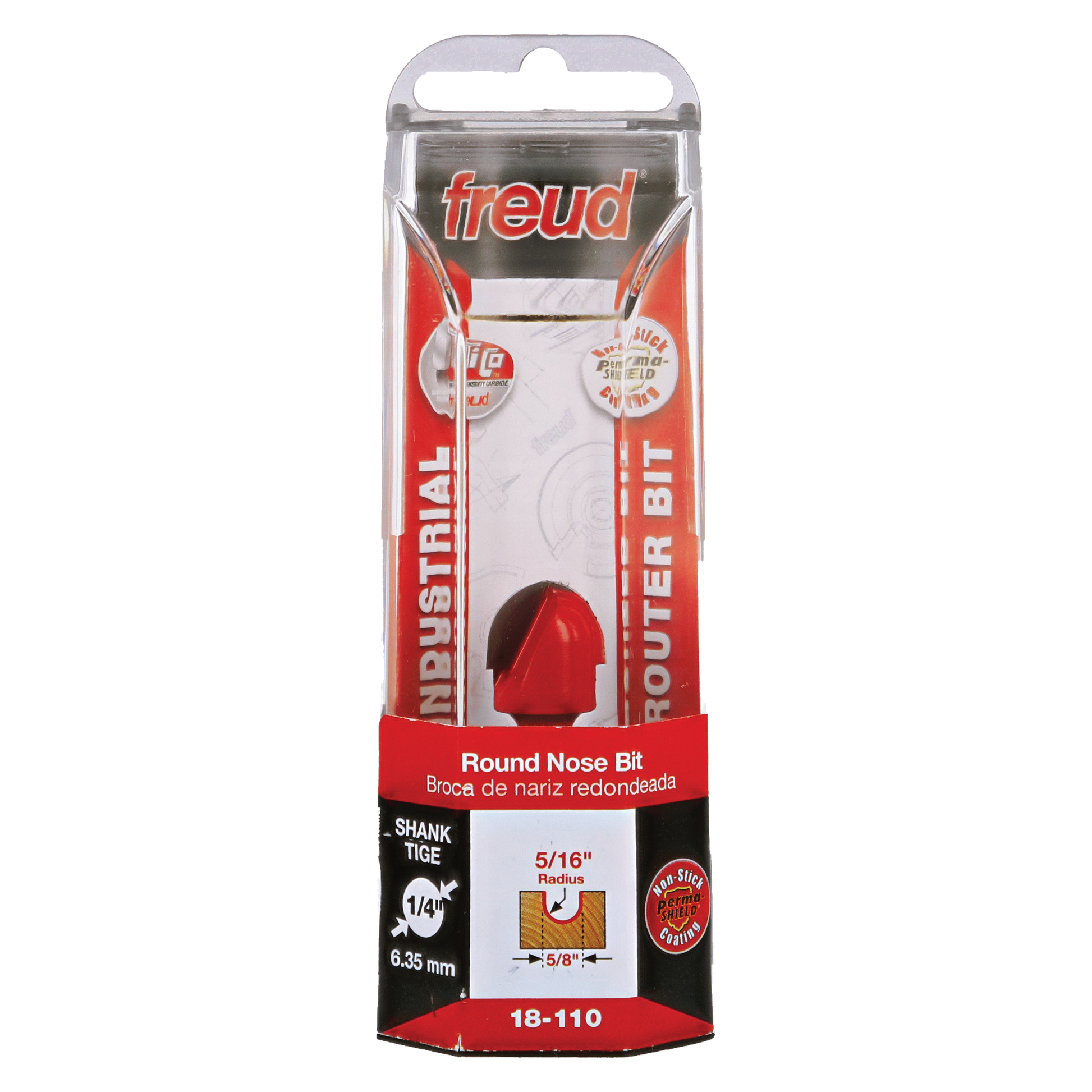 Freud 18-110 round nose router bit with 5/16" radius in red packaging with clear plastic display window.