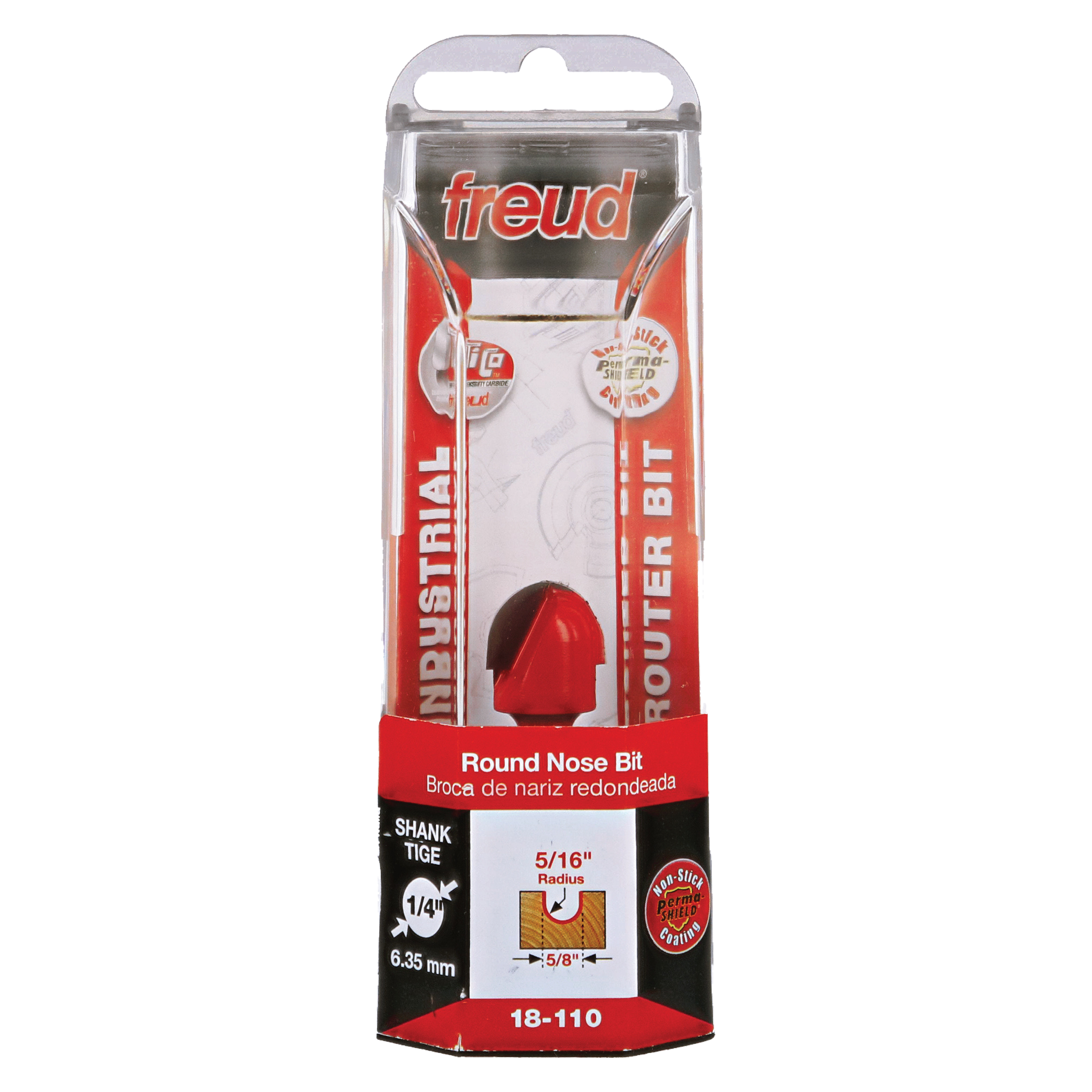 Freud 18-110 round nose router bit with 5/16" radius in red packaging with clear plastic display window.
