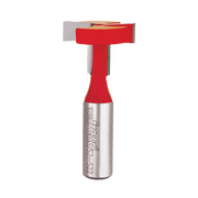 Red and silver T-slotting cutter bit with metal shank and cutting head on white background.