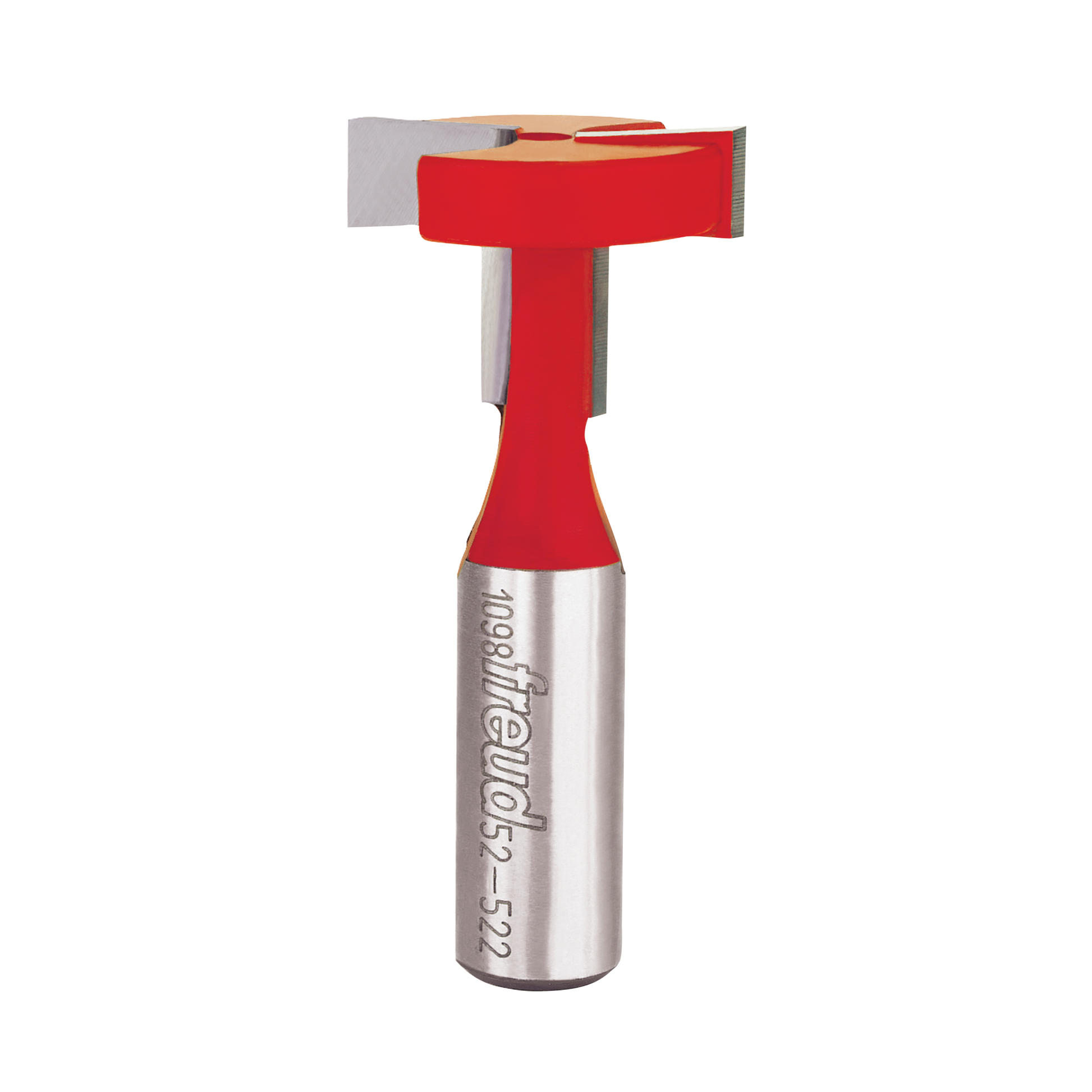 Red and silver T-slotting cutter bit with metal shank and cutting head on white background.