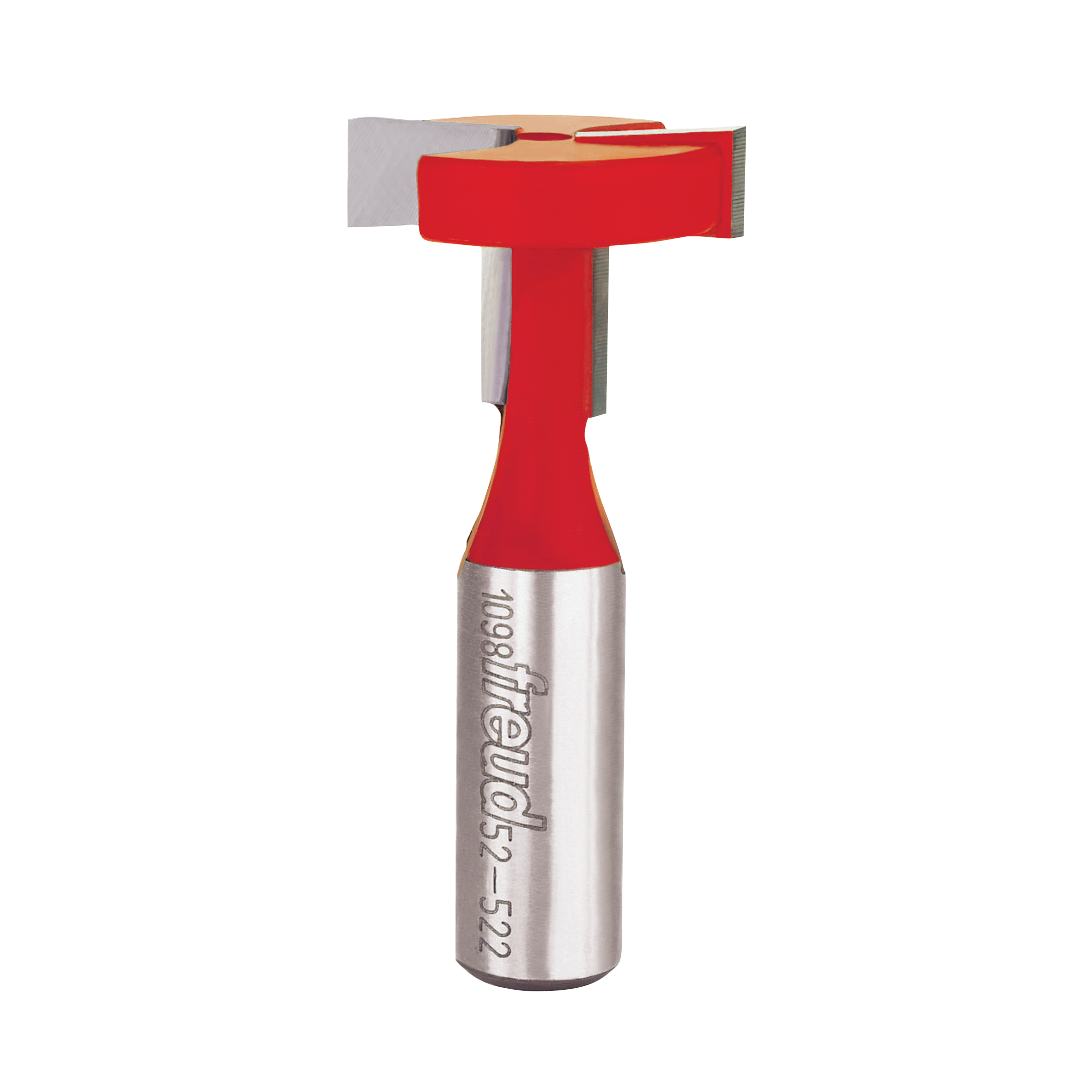 Red and silver T-slotting cutter bit with metal shank and cutting head on white background.