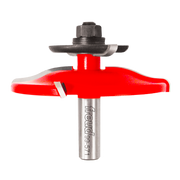 Raised panel router bit with red cutting head, metal shaft, and hex nut assembly for woodworking.