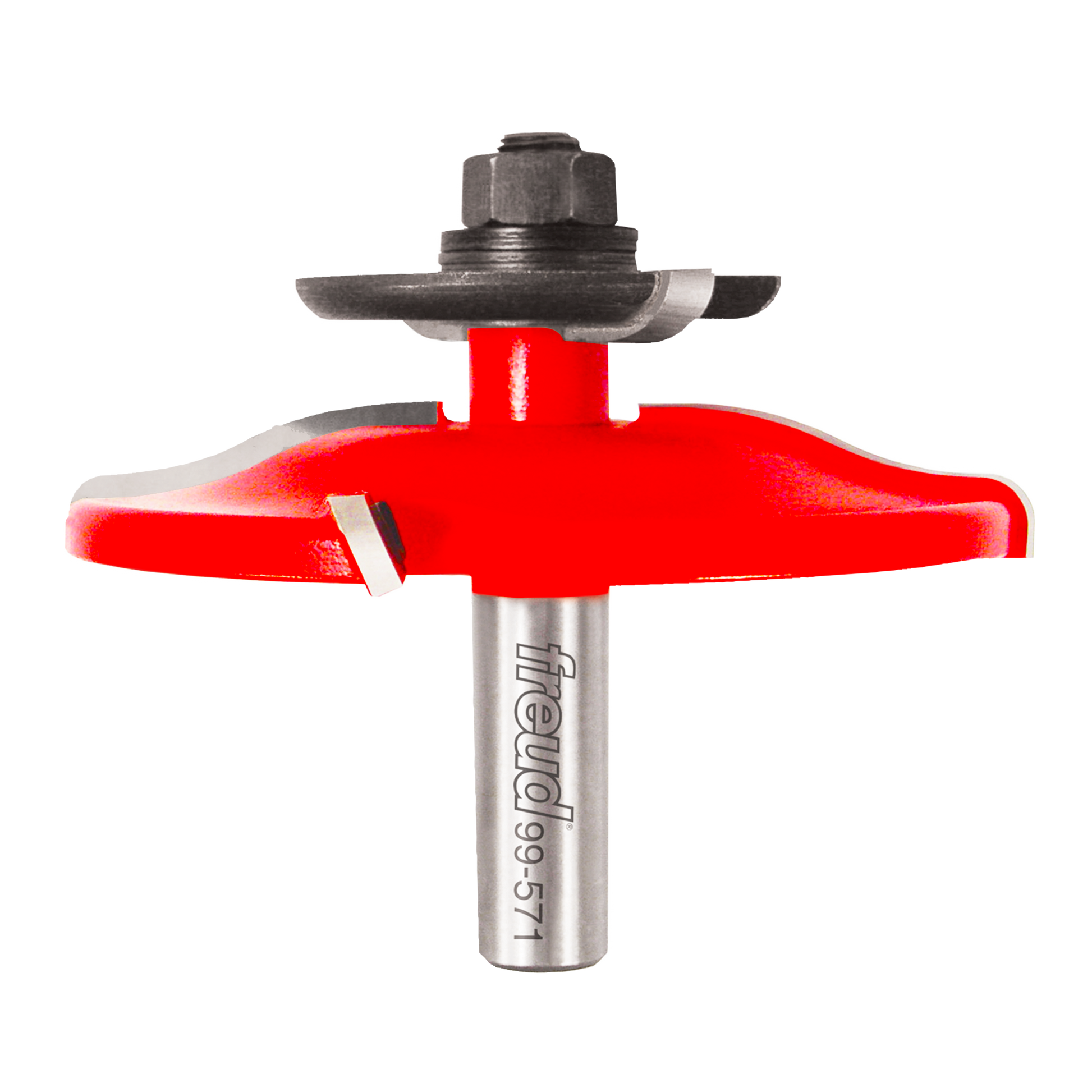 Raised panel router bit with red cutting head, metal shaft, and hex nut assembly for woodworking.