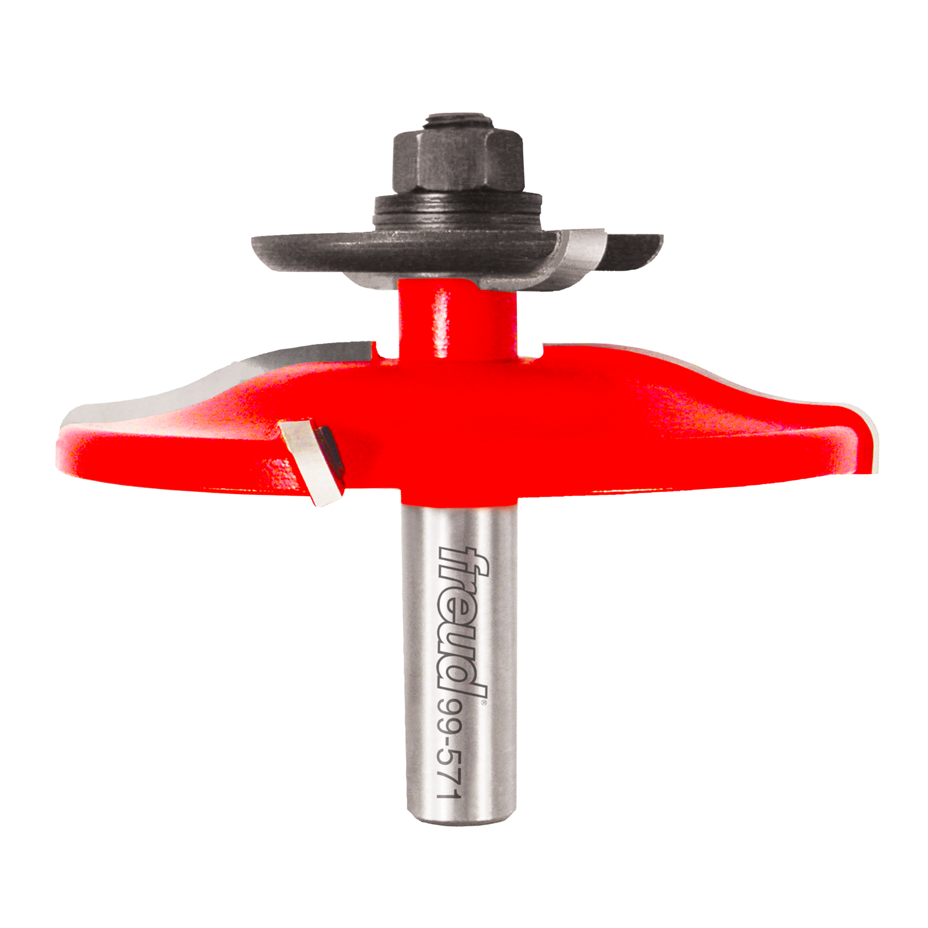 Raised panel router bit with red cutting head, metal shaft, and hex nut assembly for woodworking.