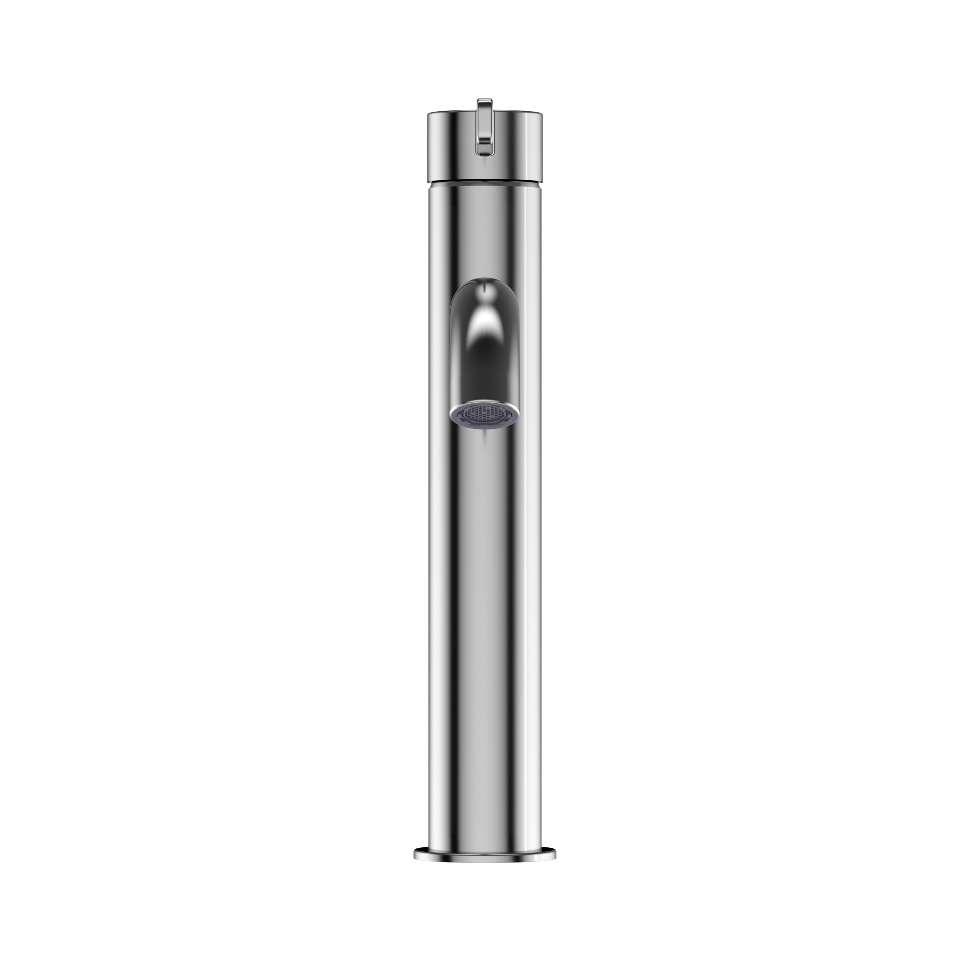 Polished chrome single-handle tall bathroom faucet with cylindrical body and aerator.