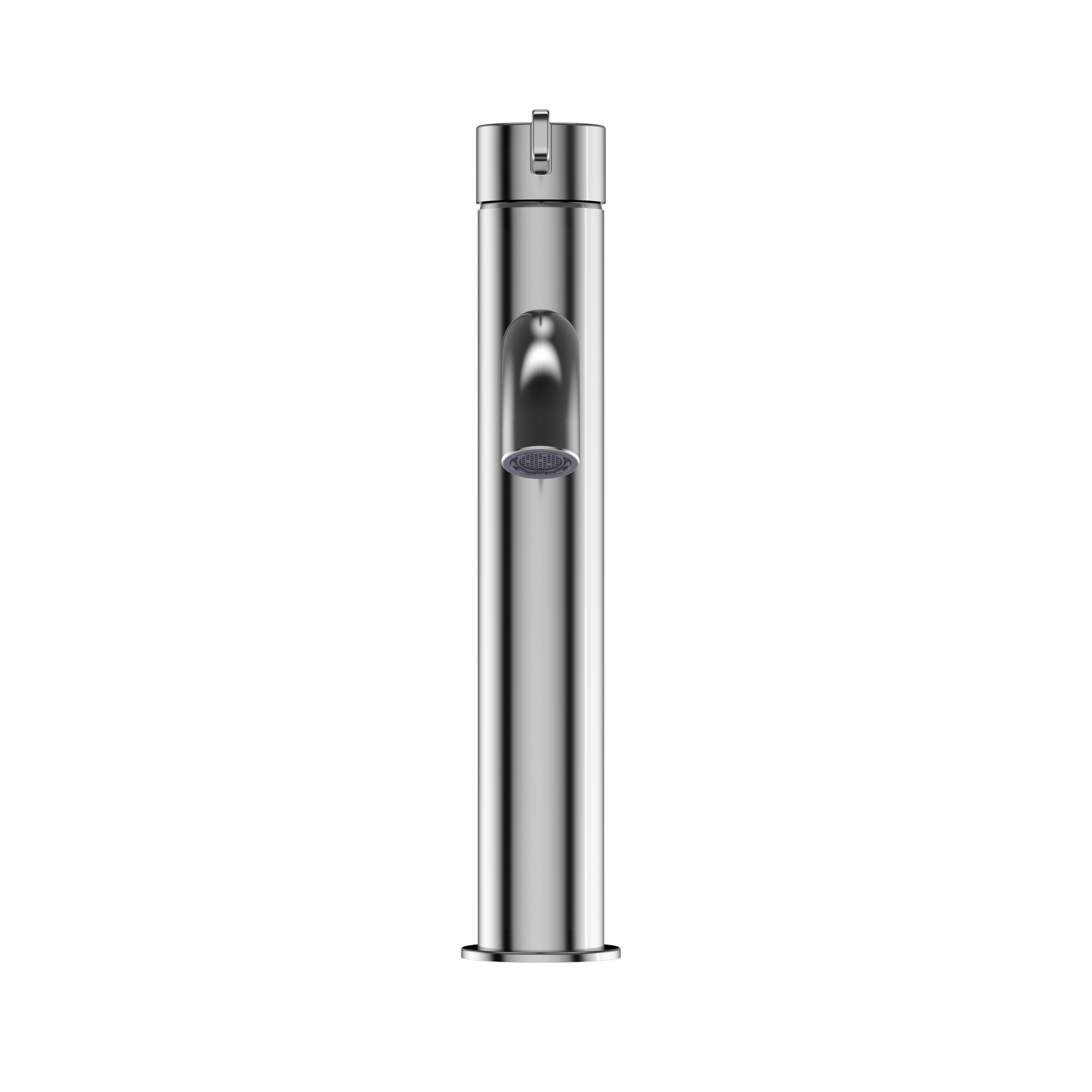 Polished chrome single-handle tall bathroom faucet with cylindrical body and aerator.