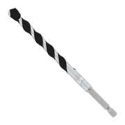 Black and silver spiral hammer drill bit with carbide-tipped point and hexagonal shank.