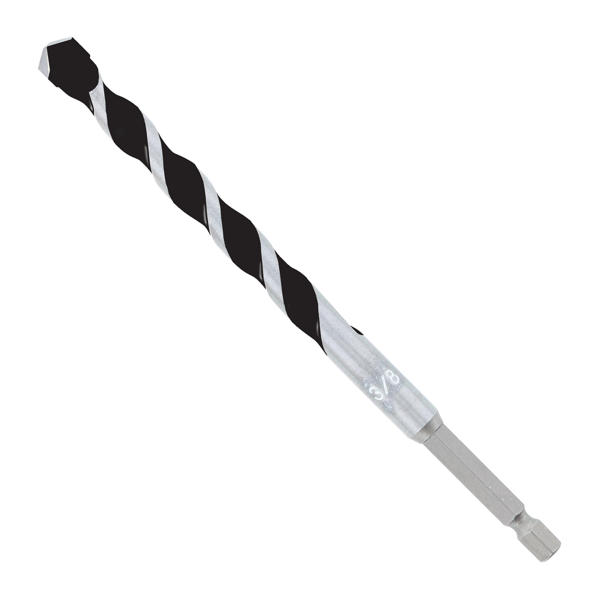 Black and silver spiral hammer drill bit with carbide-tipped point and hexagonal shank.