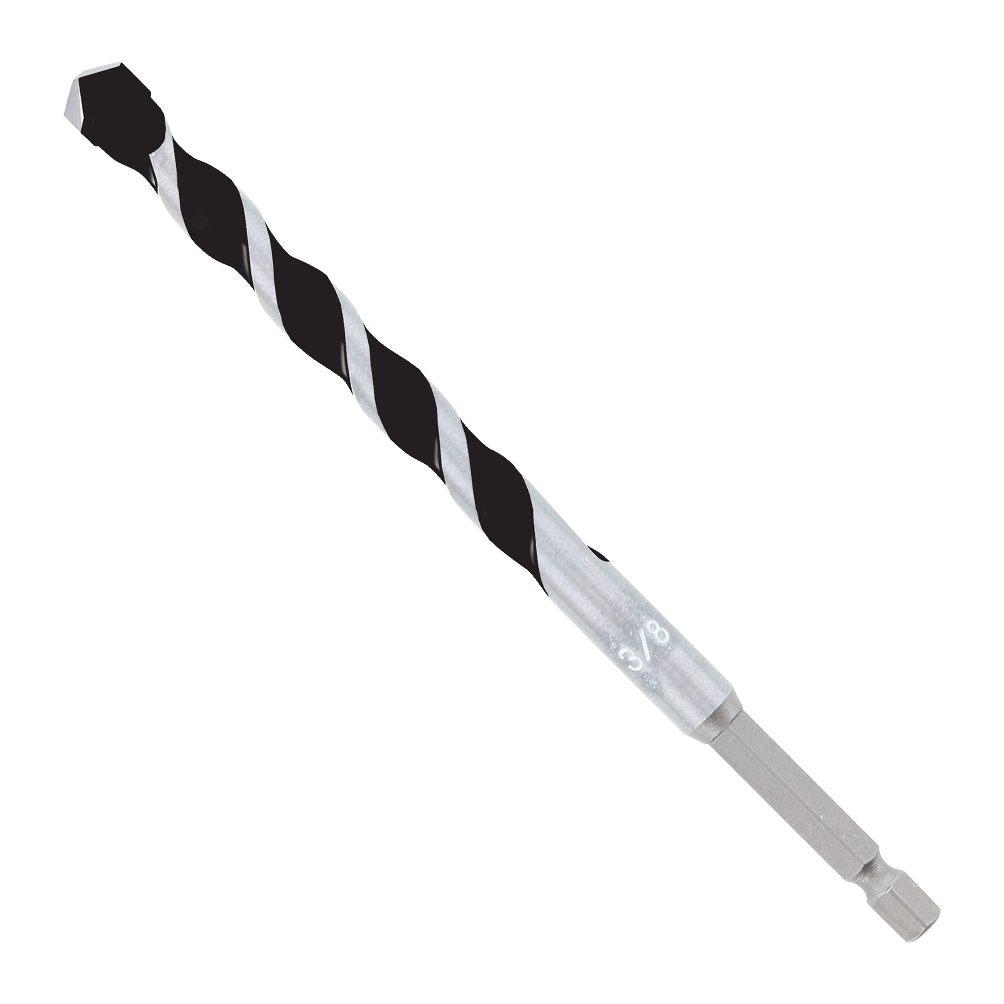 Black and silver spiral hammer drill bit with carbide-tipped point and hexagonal shank.