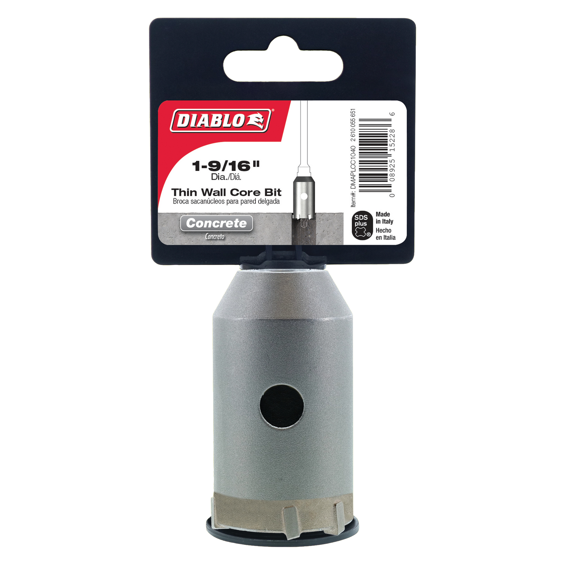 Diablo 1-9/16 inch SDS-Plus thin wall carbide core bit with gray cylindrical body and packaged in black card header.