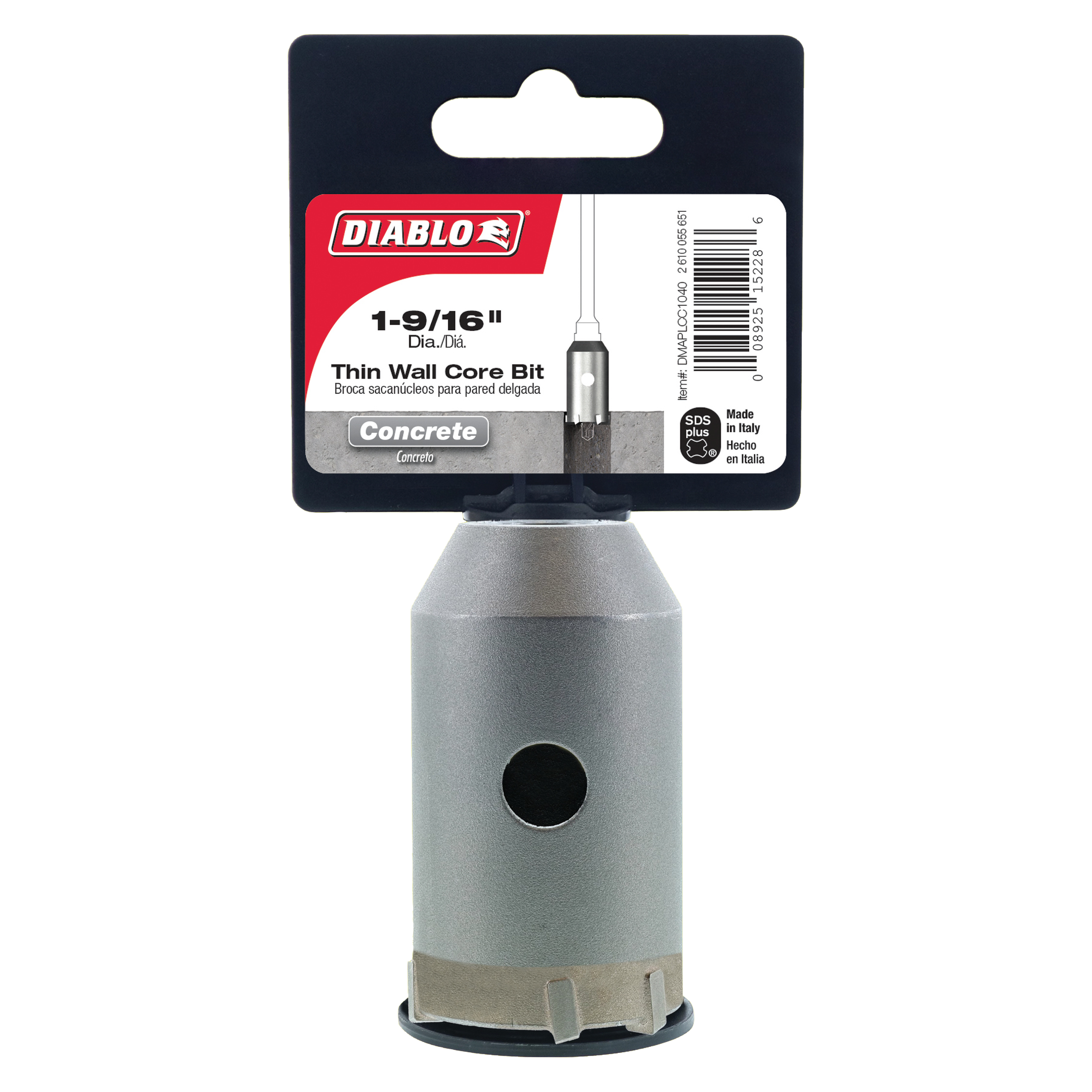 Diablo 1-9/16 inch SDS-Plus thin wall carbide core bit with gray cylindrical body and packaged in black card header.