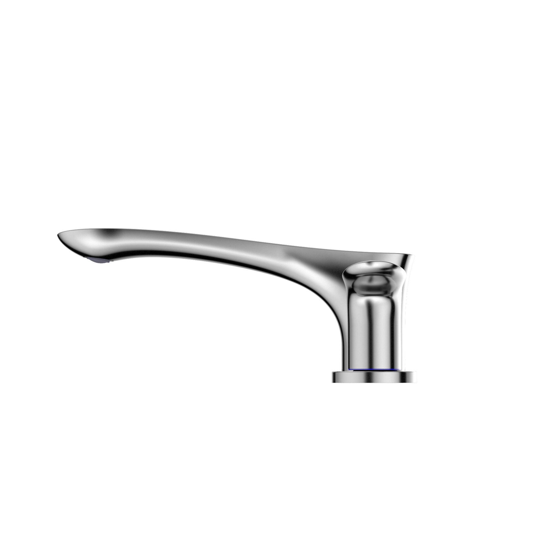 Polished chrome roman tub filler trim with curved single handle and cylindrical spout in brushed metallic finish.