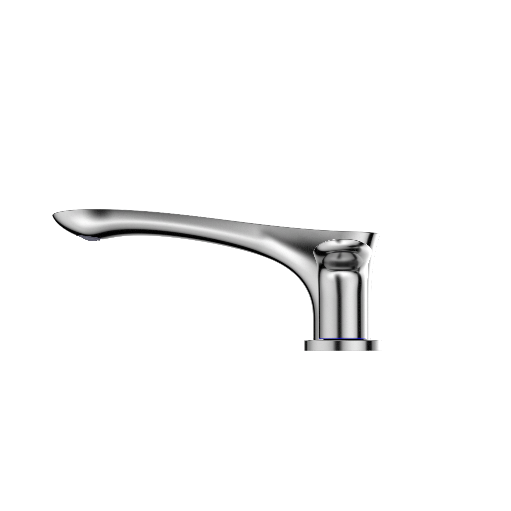Polished chrome roman tub filler trim with curved single handle and cylindrical spout in brushed metallic finish.