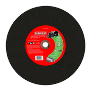 Black abrasive cutting disc with red center label marked "Diablo Masonry Cutting" and 14-inch diameter specification.