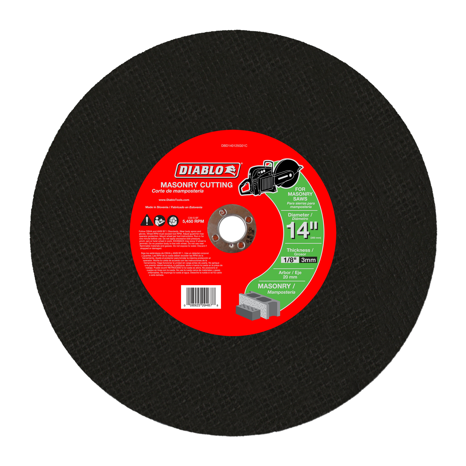 Black abrasive cutting disc with red center label marked "Diablo Masonry Cutting" and 14-inch diameter specification.