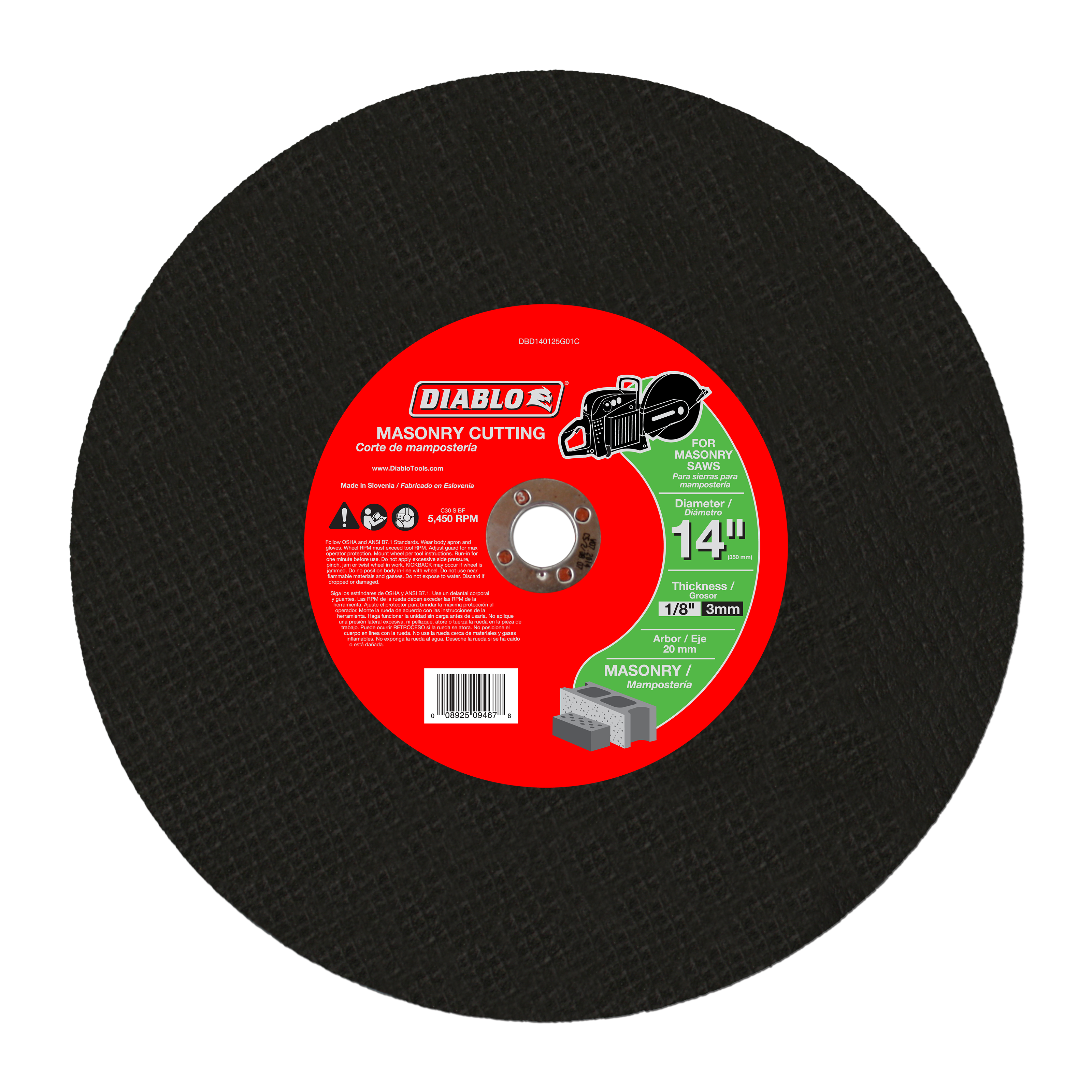 Black abrasive cutting disc with red center label marked "Diablo Masonry Cutting" and 14-inch diameter specification.