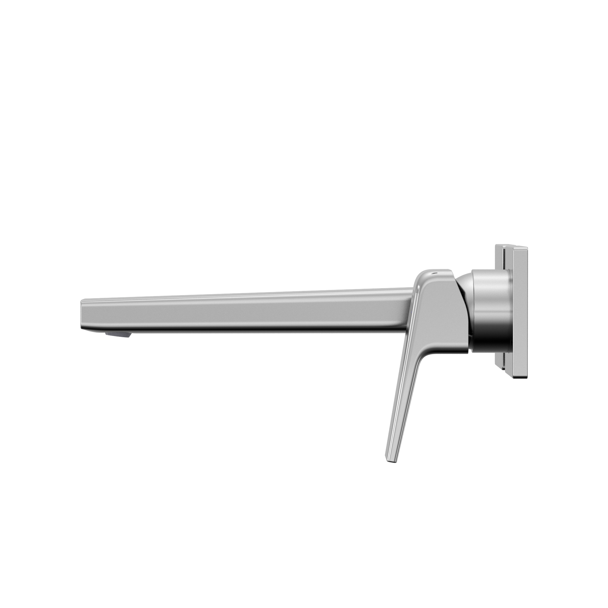 Polished chrome wall-mount bathroom faucet with single lever handle and long spout.