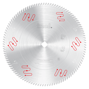16-inch circular saw blade with fine teeth around perimeter and red cooling slot markings, center arbor hole visible.