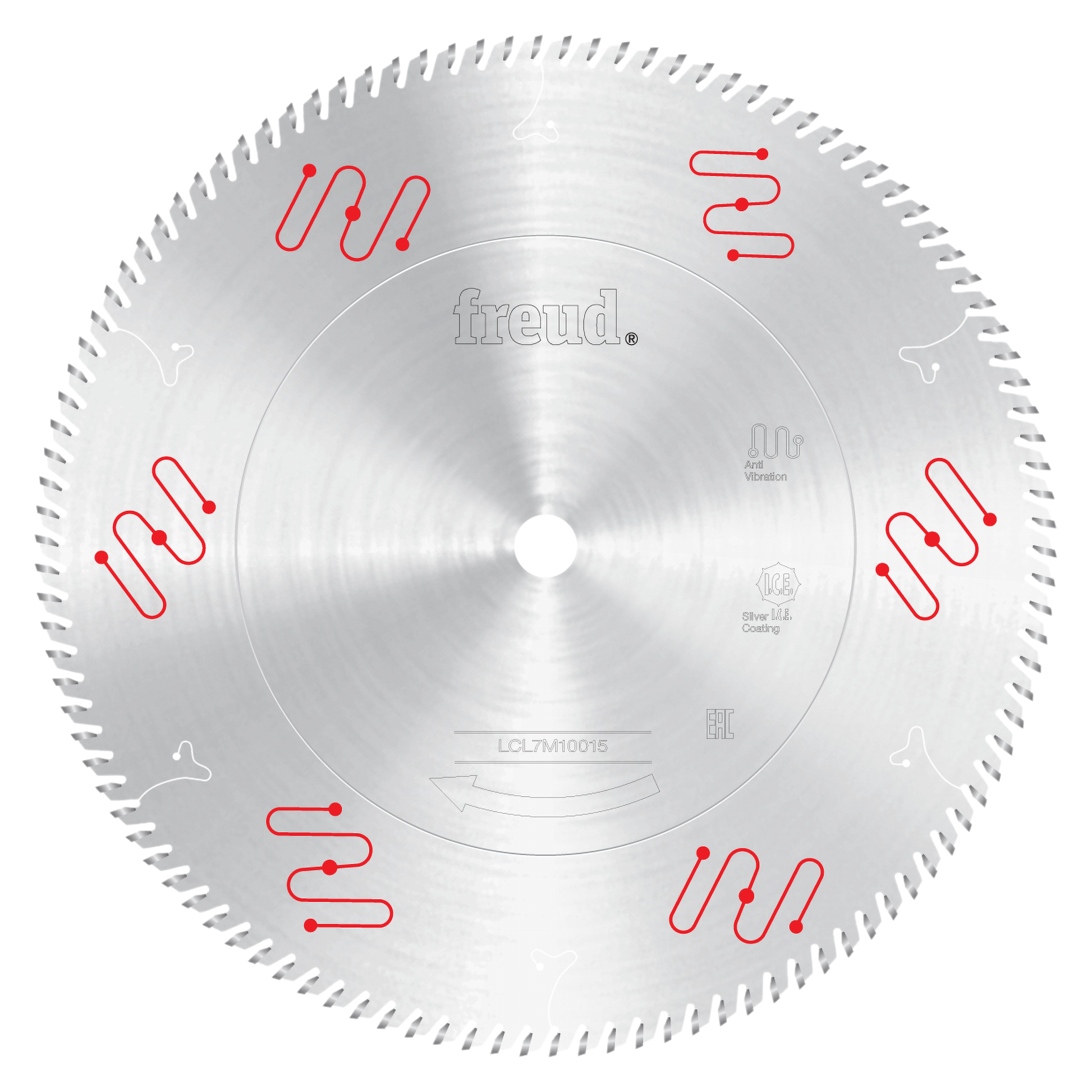 16-inch circular saw blade with fine teeth around perimeter and red cooling slot markings, center arbor hole visible.