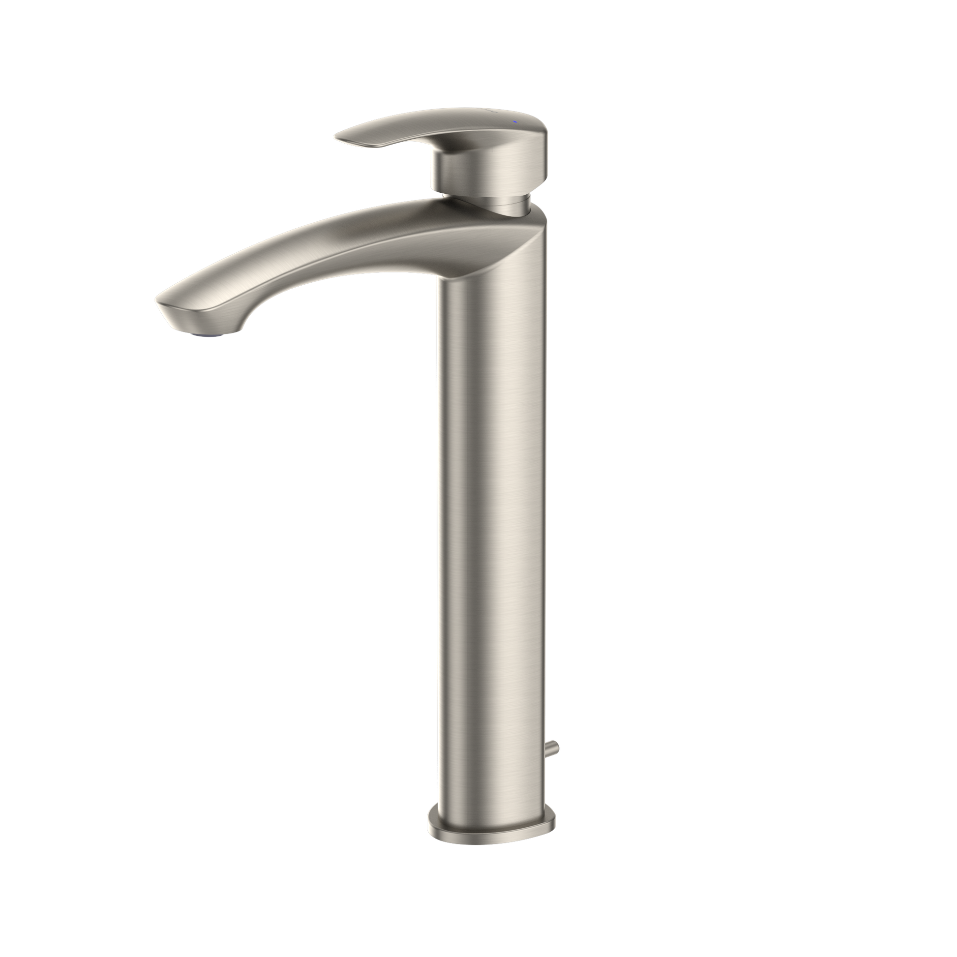 Brushed nickel single-handle vessel bathroom sink faucet with curved spout and cylindrical body.