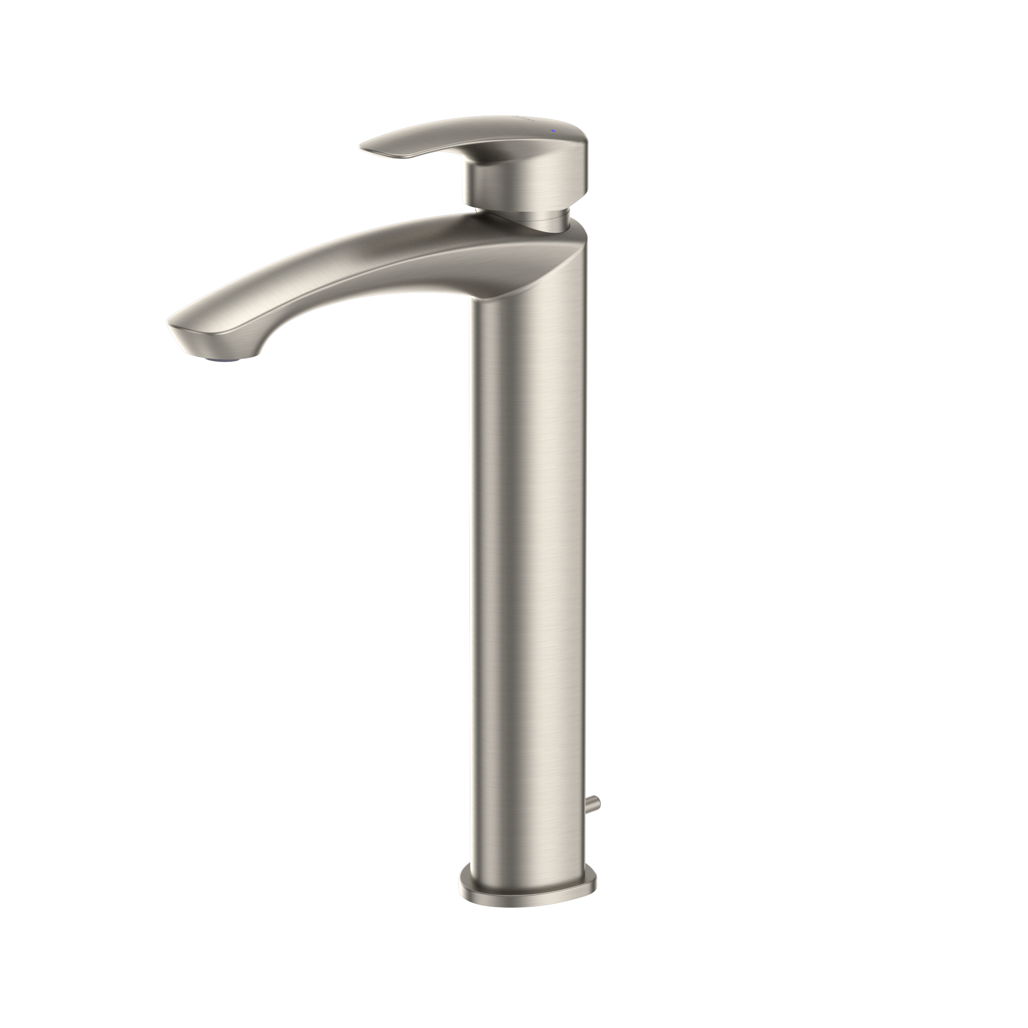 Brushed nickel single-handle vessel bathroom sink faucet with curved spout and cylindrical body.