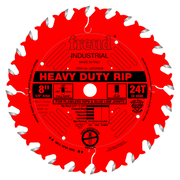 Red circular saw blade with 24 teeth, 8-inch diameter, silver-tipped carbide teeth, and center arbor hole labeled "Heavy Duty