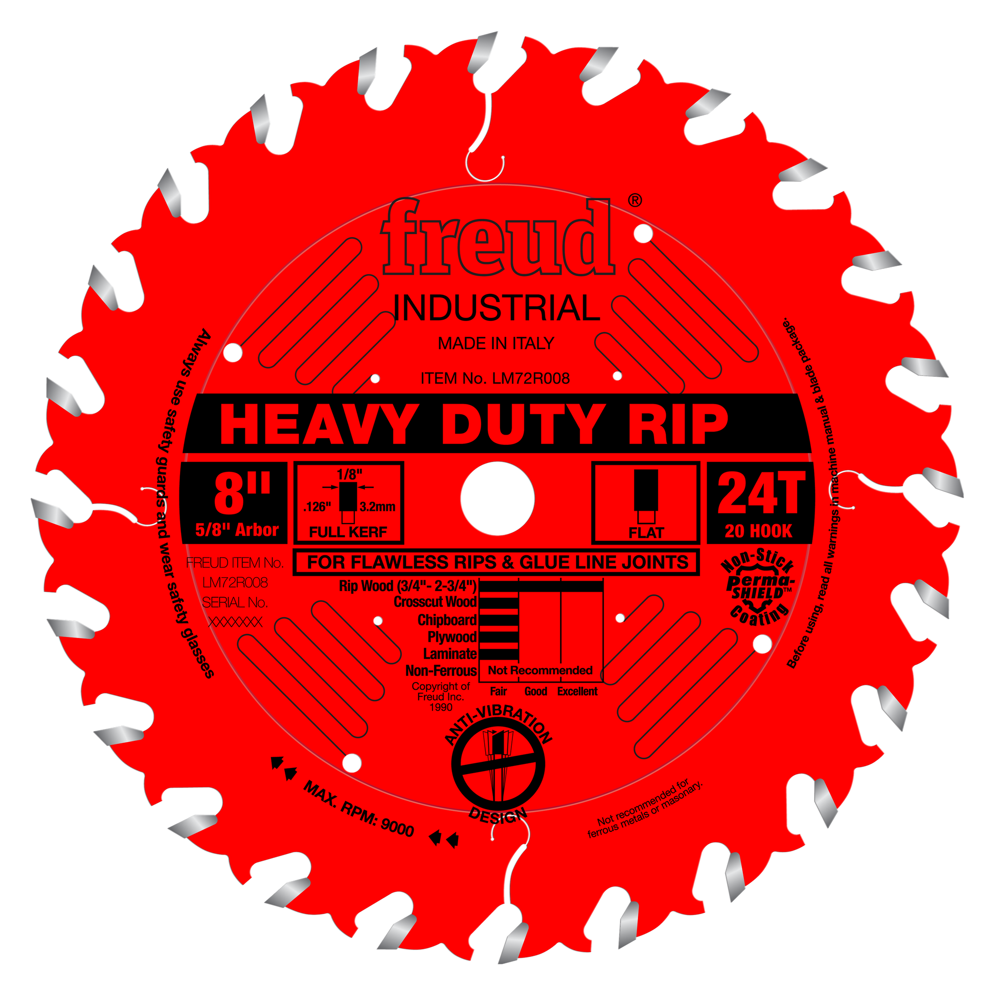 Red circular saw blade with 24 teeth, 8-inch diameter, silver-tipped carbide teeth, and center arbor hole labeled "Heavy Duty