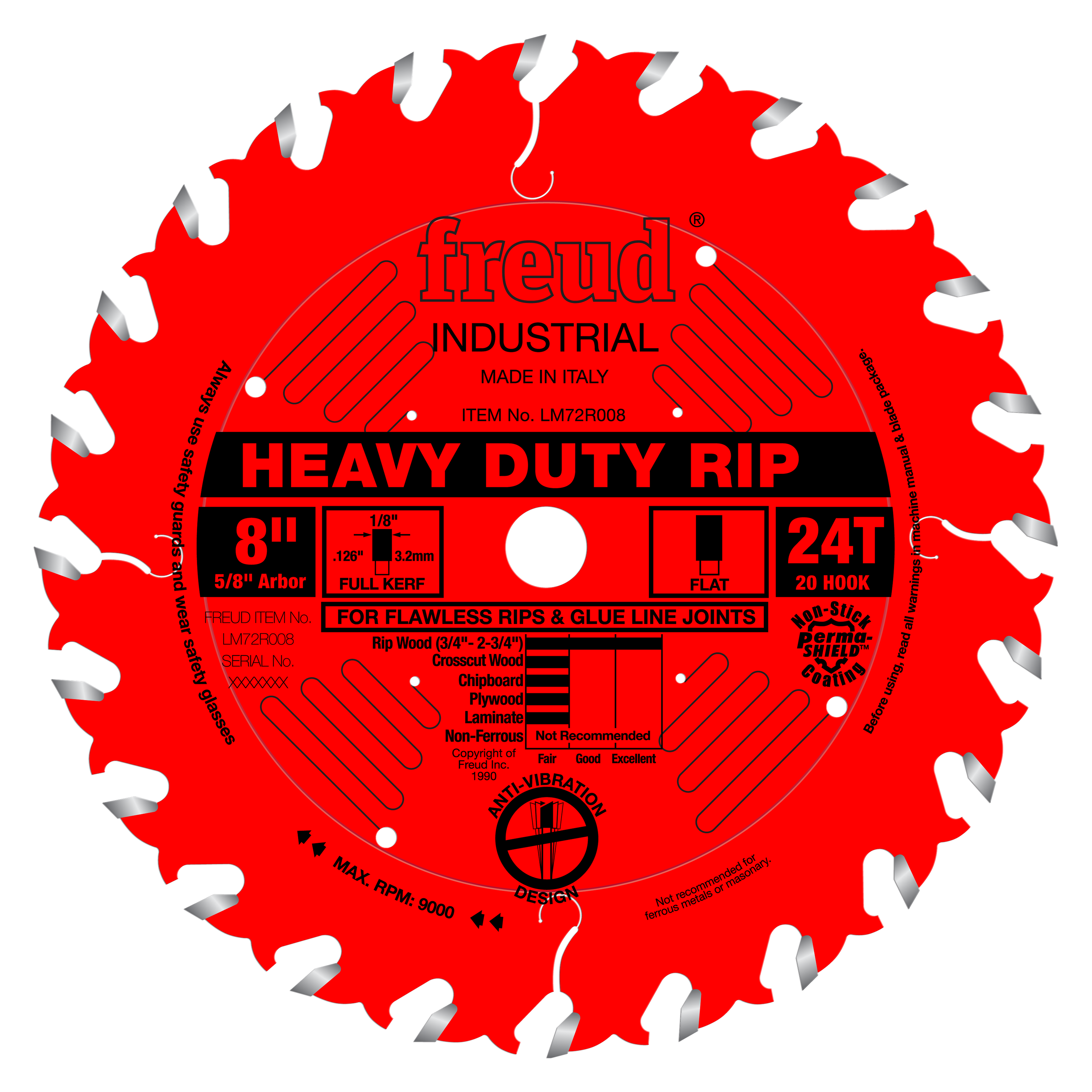 Red circular saw blade with 24 teeth, 8-inch diameter, silver-tipped carbide teeth, and center arbor hole labeled "Heavy Duty