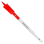 Red and silver spade bit with serrated cutting head and hex shank for drill attachment.