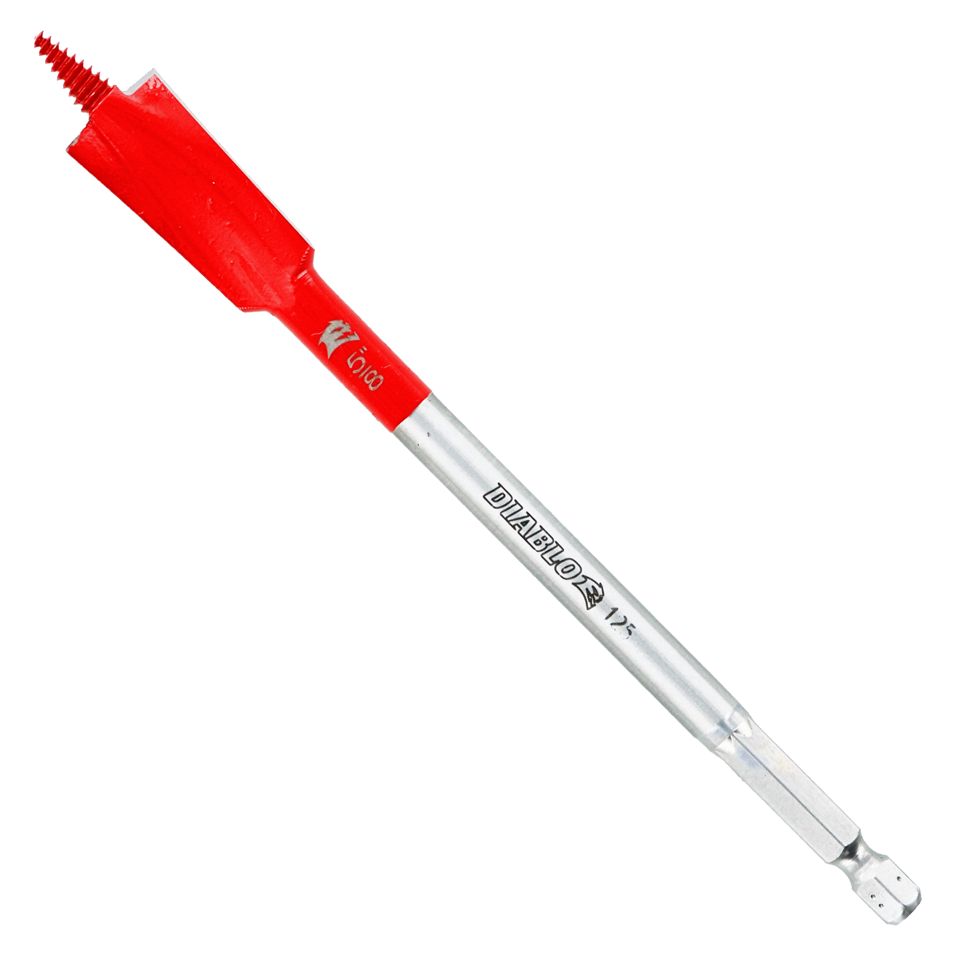 Red and silver spade bit with serrated cutting head and hex shank for drill attachment.