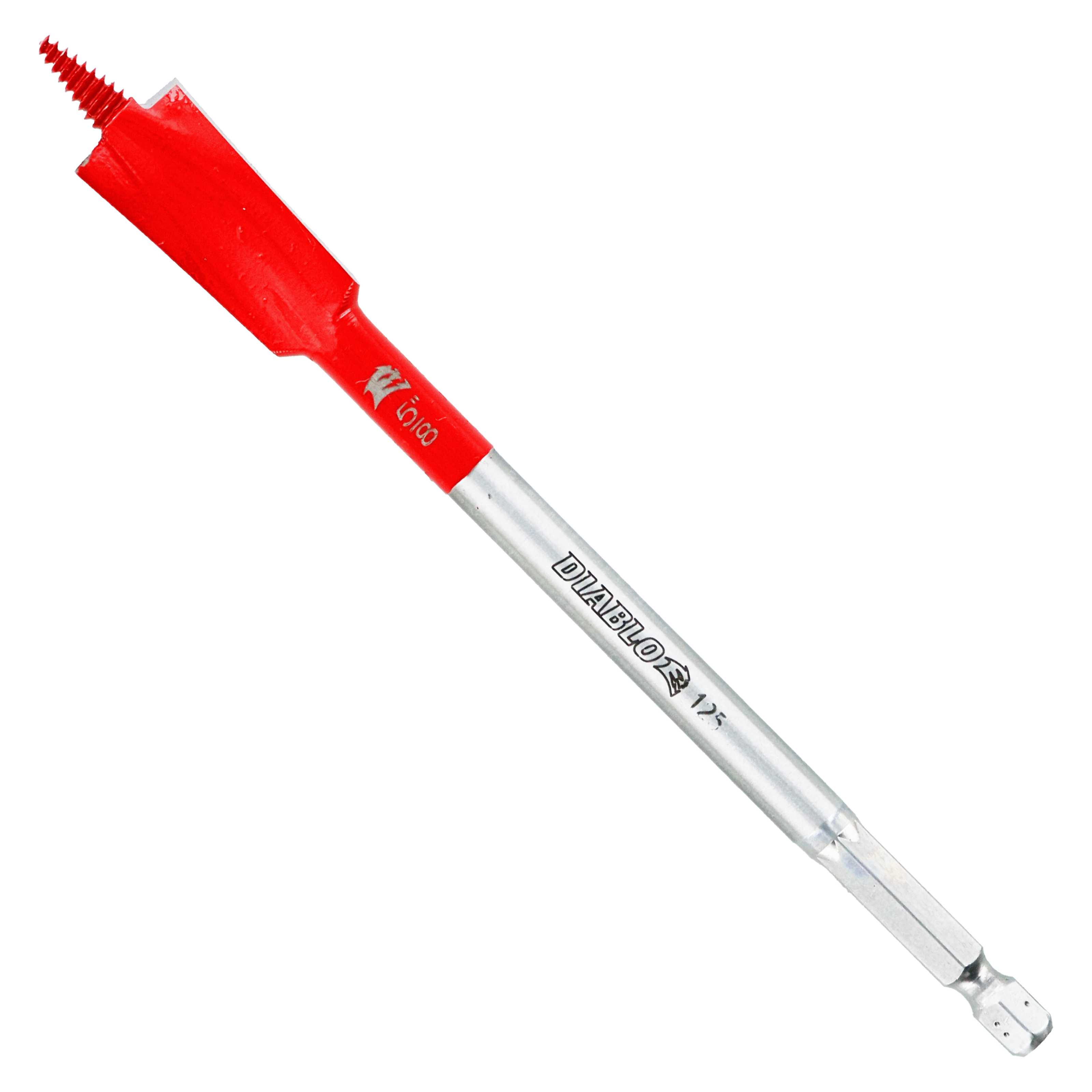 Red and silver spade bit with serrated cutting head and hex shank for drill attachment.