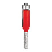 Freud bearing flush trim router bit with red body and metal shaft, 1/2 inch diameter.