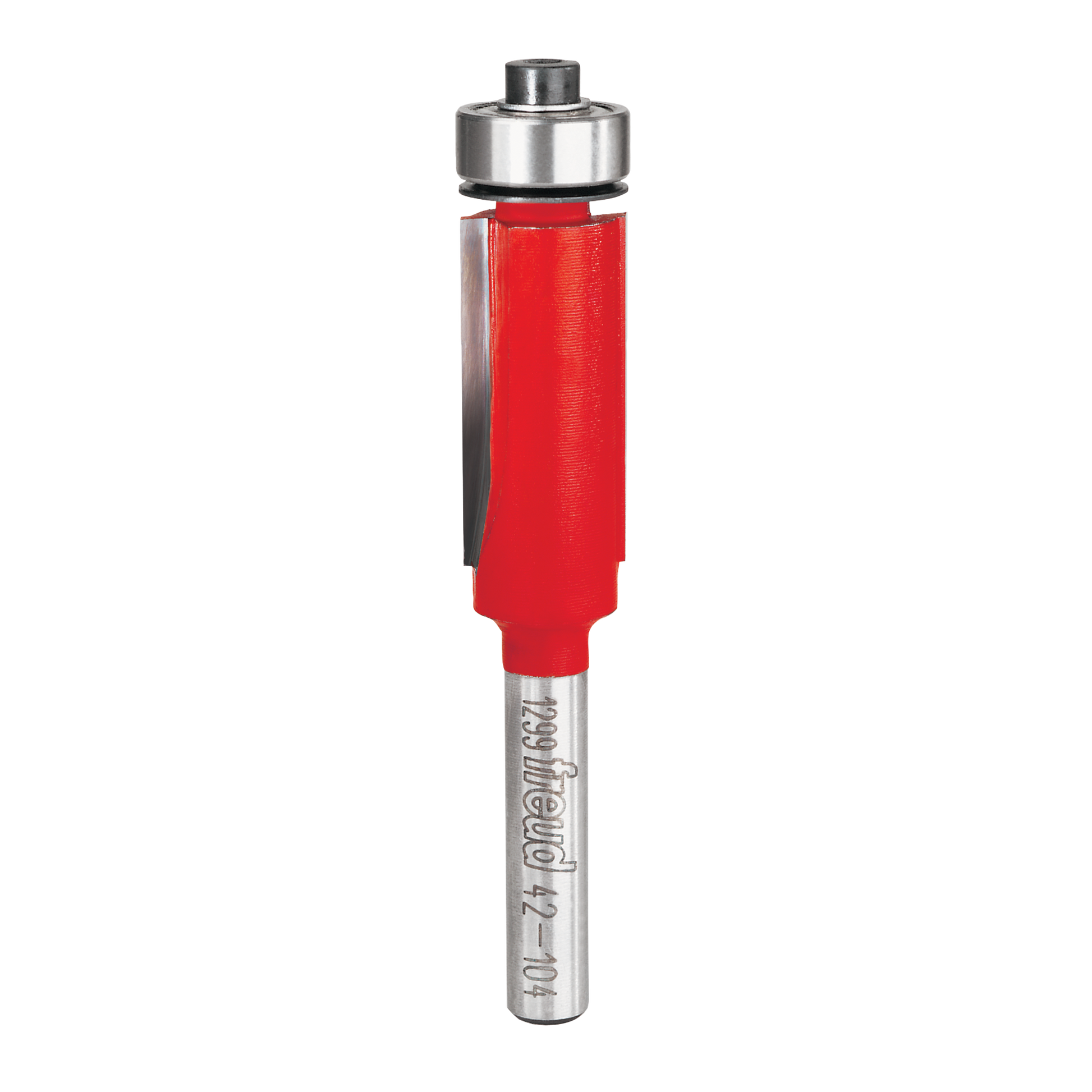Freud bearing flush trim router bit with red body and metal shaft, 1/2 inch diameter.