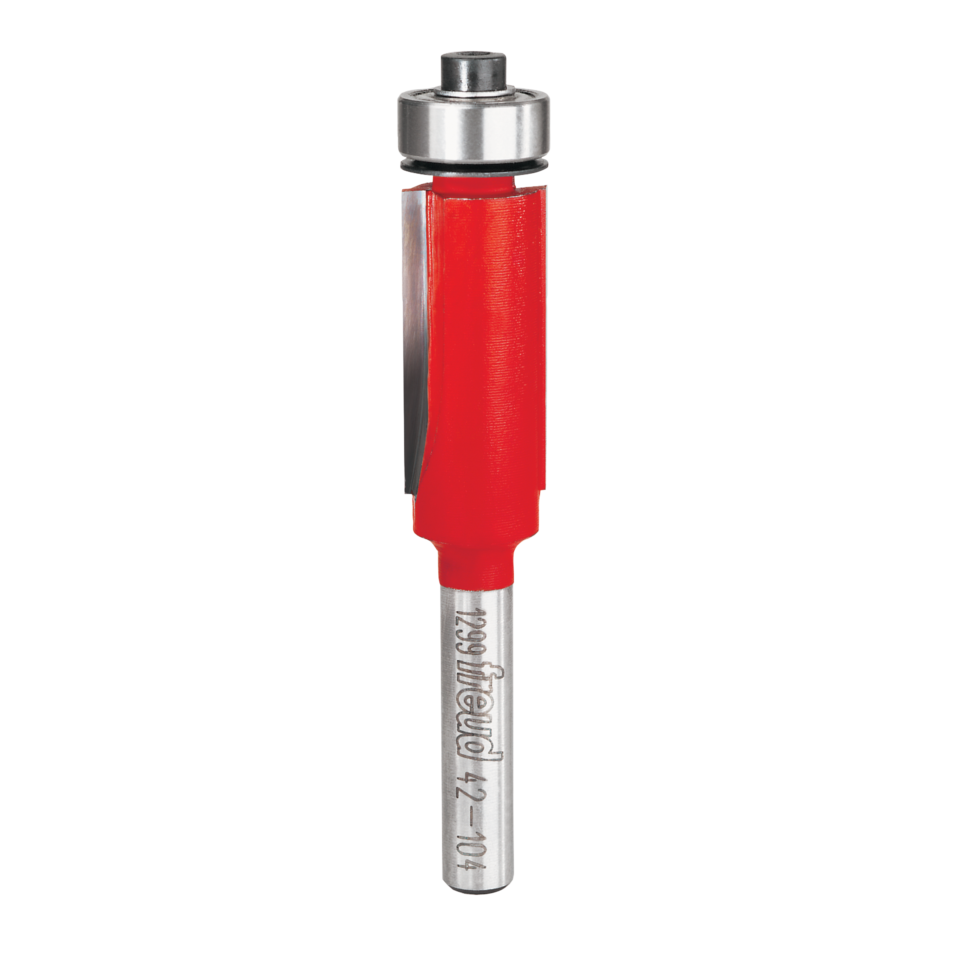 Freud bearing flush trim router bit with red body and metal shaft, 1/2 inch diameter.