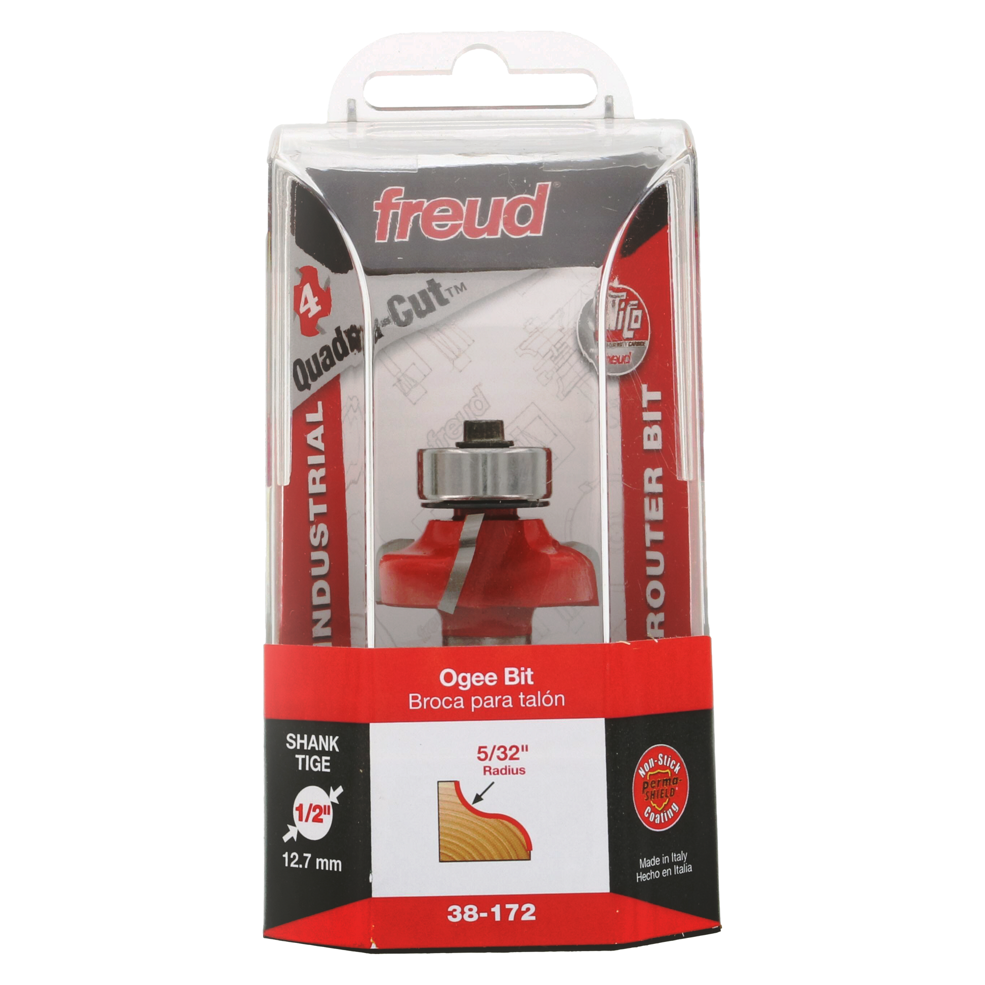 Freud 38-172 ogee router bit with 1/2" shank in clear clamshell packaging showing red cutting head and specifications.