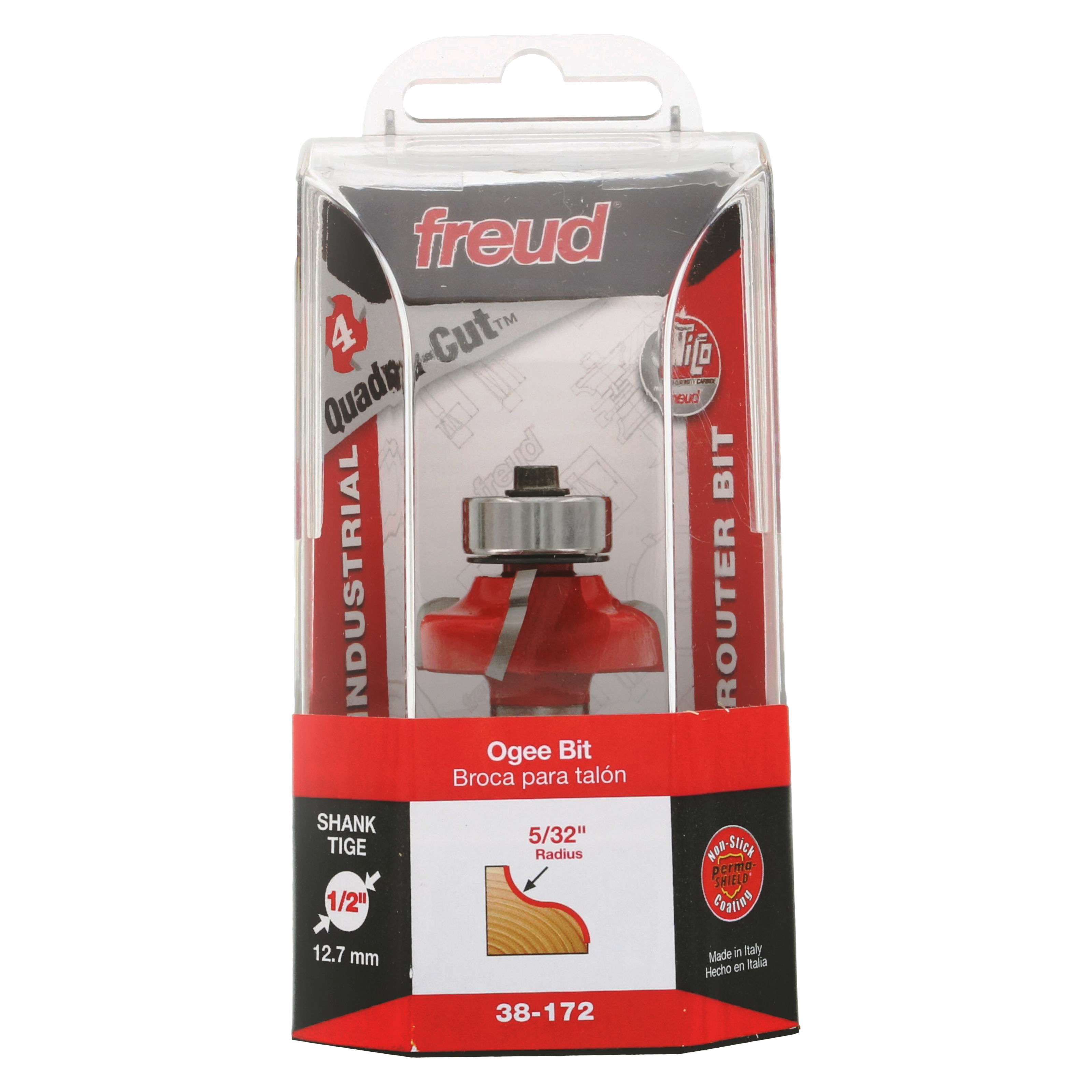 Freud 38-172 ogee router bit with 1/2" shank in clear clamshell packaging showing red cutting head and specifications.