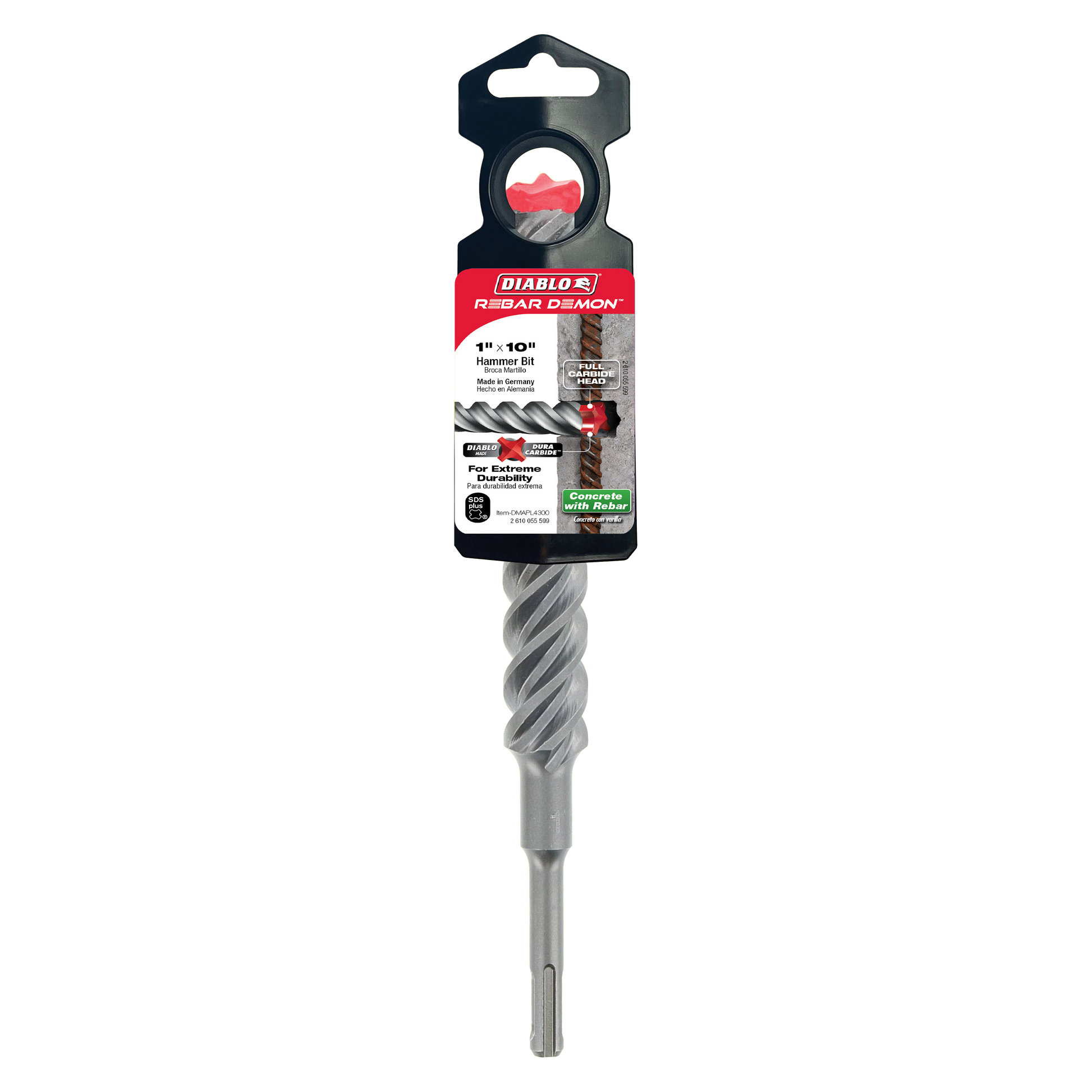 Diablo Rebar Demon SDS-Plus hammer drill bit with 4-cutter carbide head and spiral flute design in packaging.