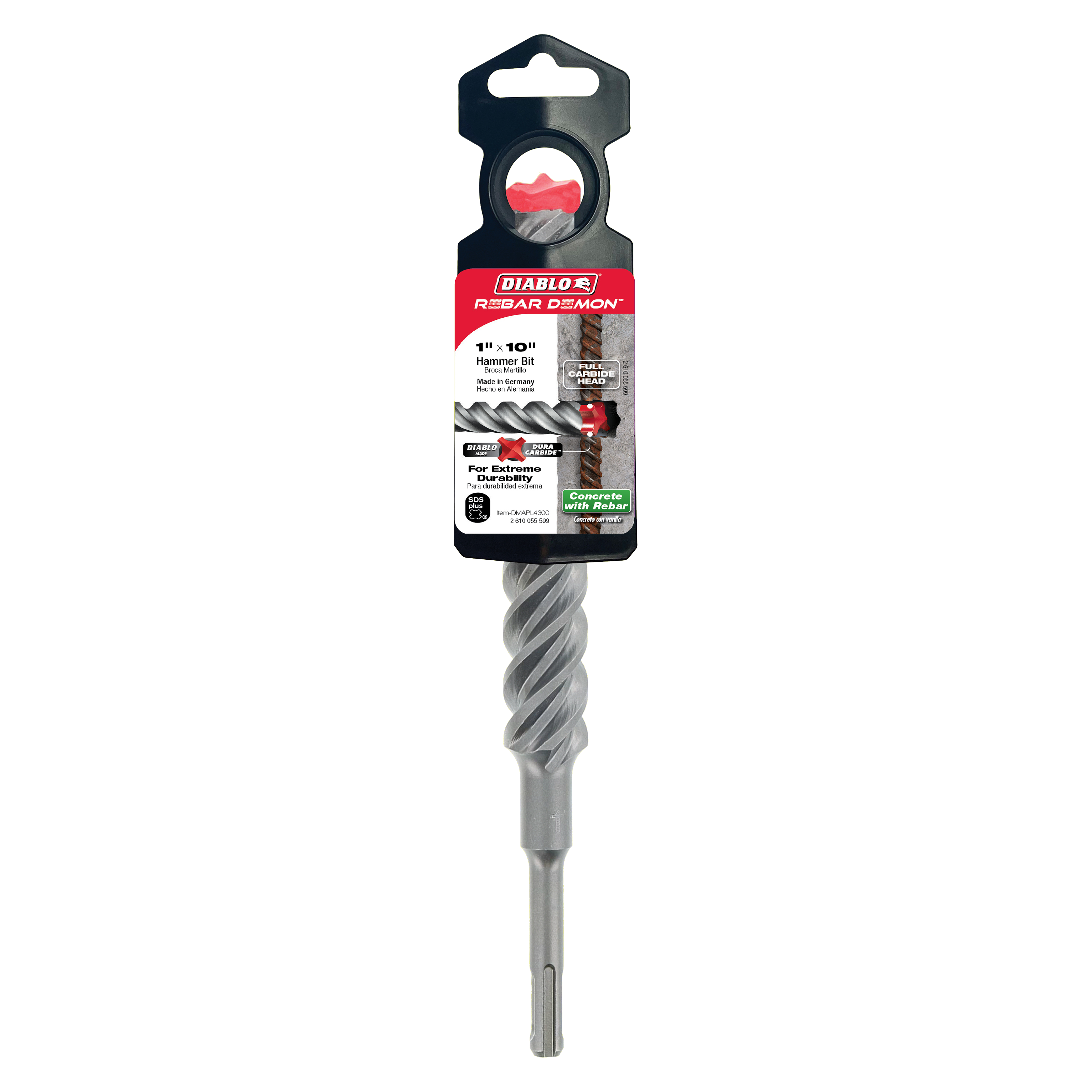 Diablo Rebar Demon SDS-Plus hammer drill bit with 4-cutter carbide head and spiral flute design in packaging.